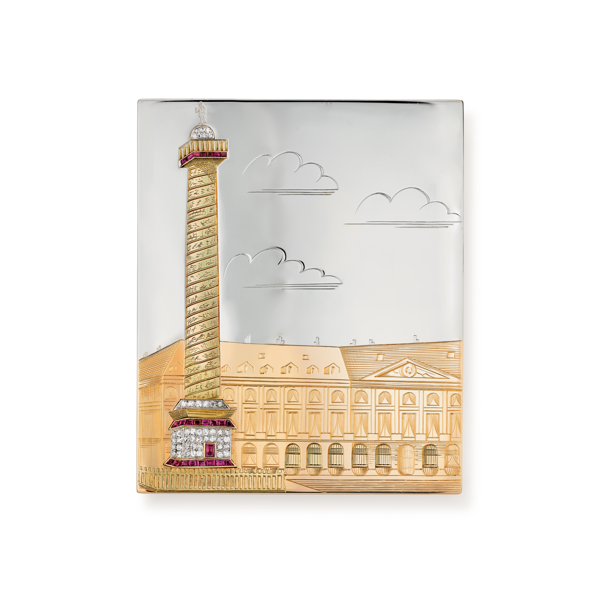 Place Vendôme cigarette case, 1946
Platinum, white gold, yellow gold, rose gold, rubies, and diamonds
Van Cleef & Arpels Collection