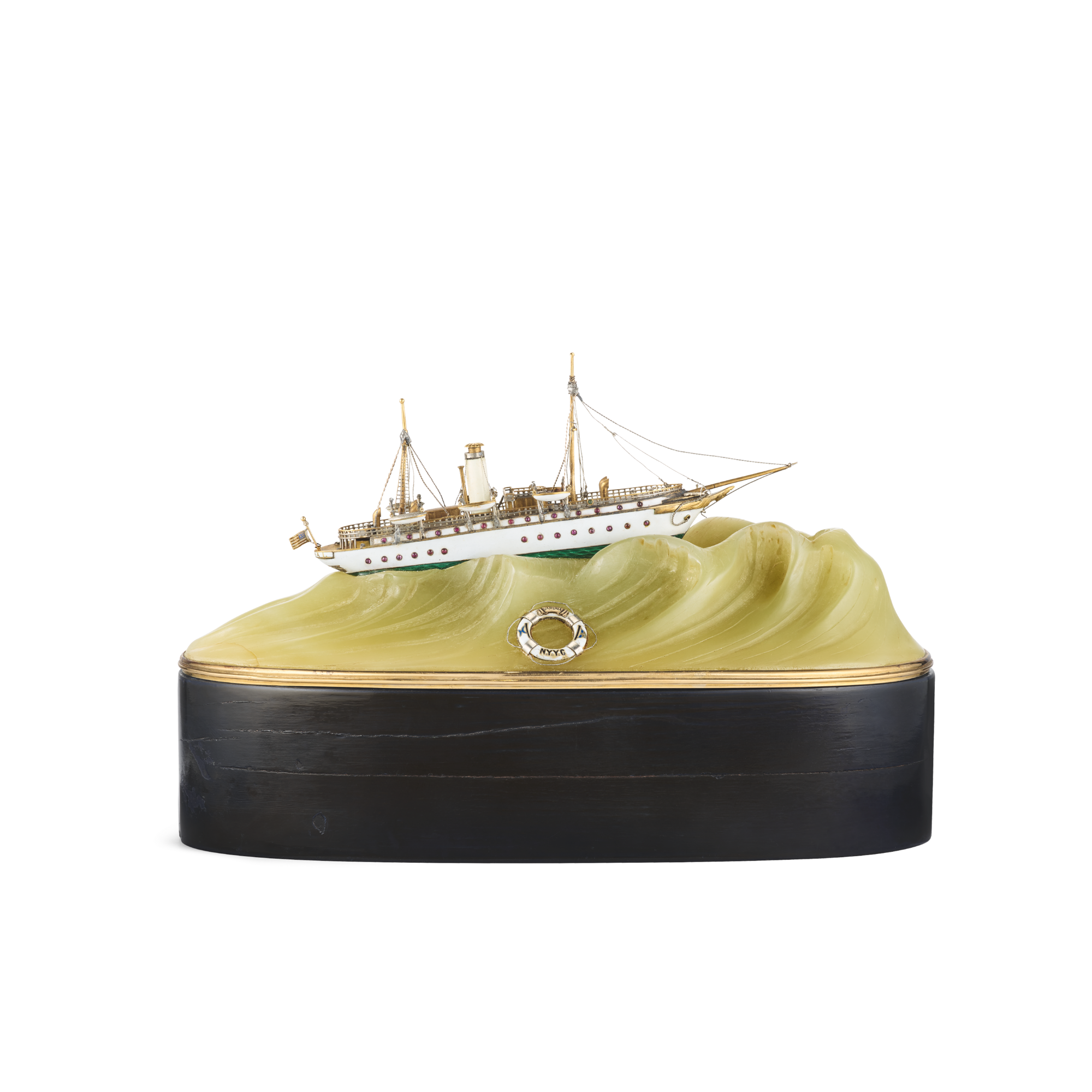 Small-scale reproduction of the yacht Varuna, 1906
Yellow gold, silver, jasper, wood, and enamel 
Van Cleef & Arpels Collection