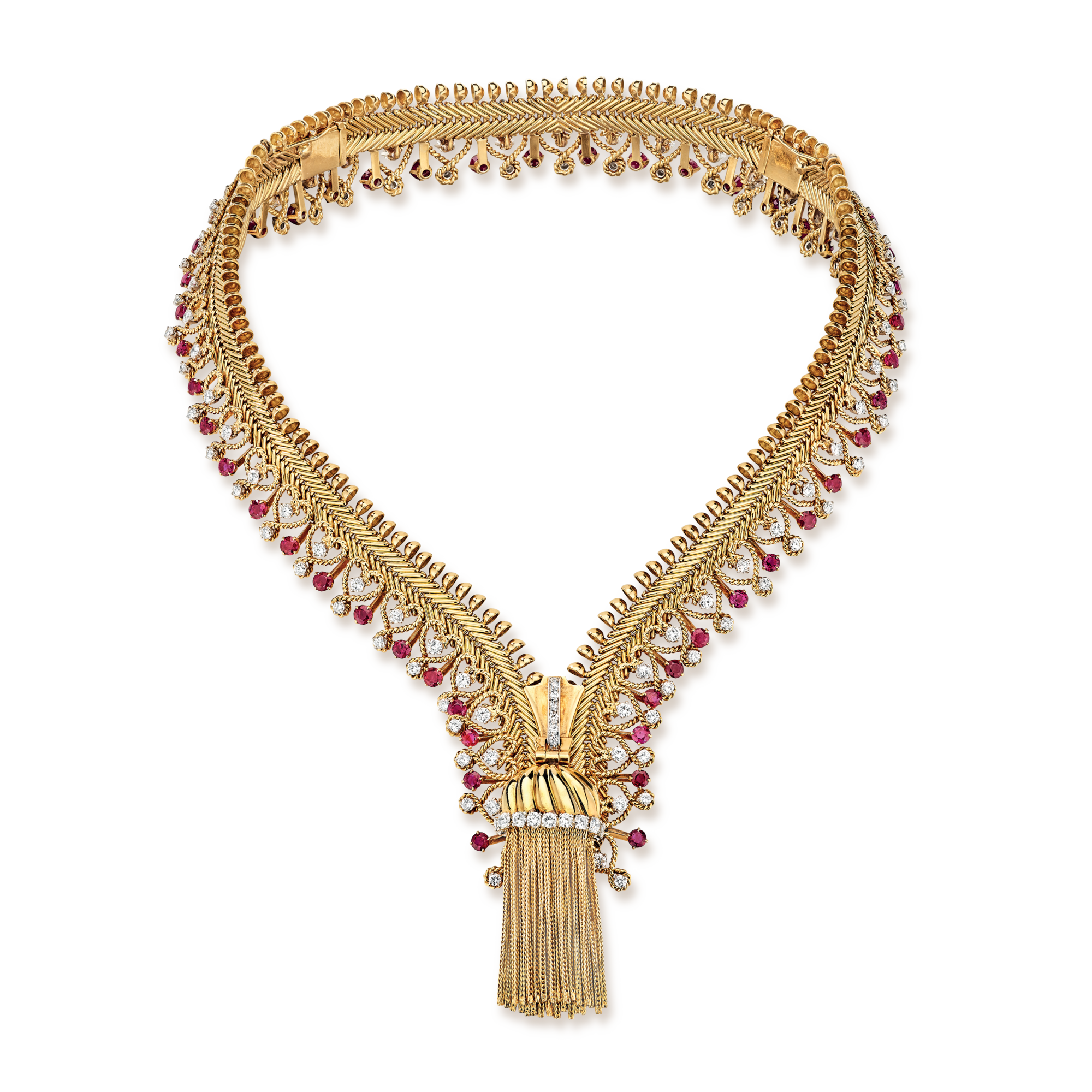 Zip necklace transformable into a bracelet, 1954
Platinum, yellow gold, rubies, diamonds
Van Cleef & Arpels Collection