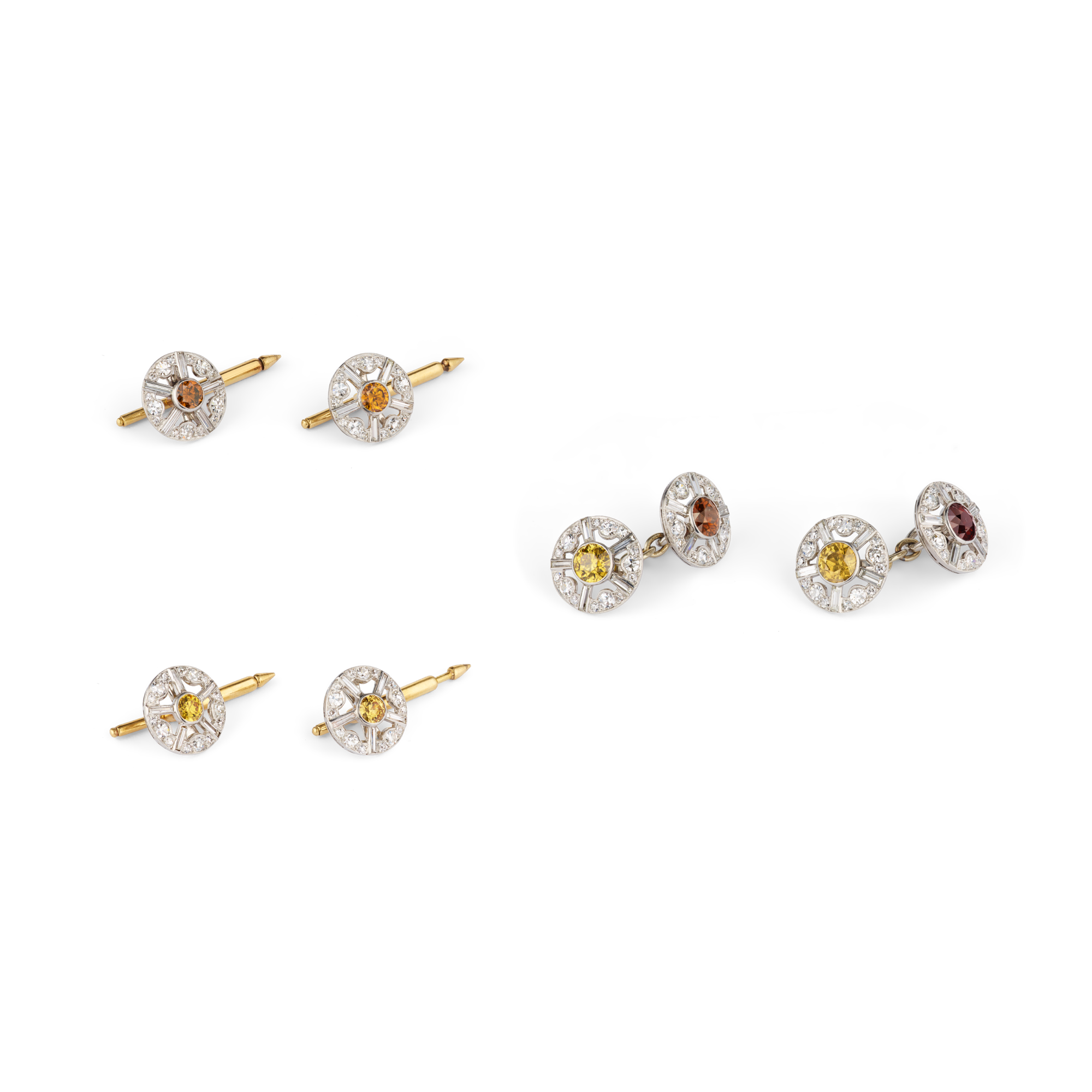 Cufflinks and vest buttons, 1924
Platinum, yellow gold, yellow and brown diamonds, and diamonds
Van Cleef & Arpels Collection