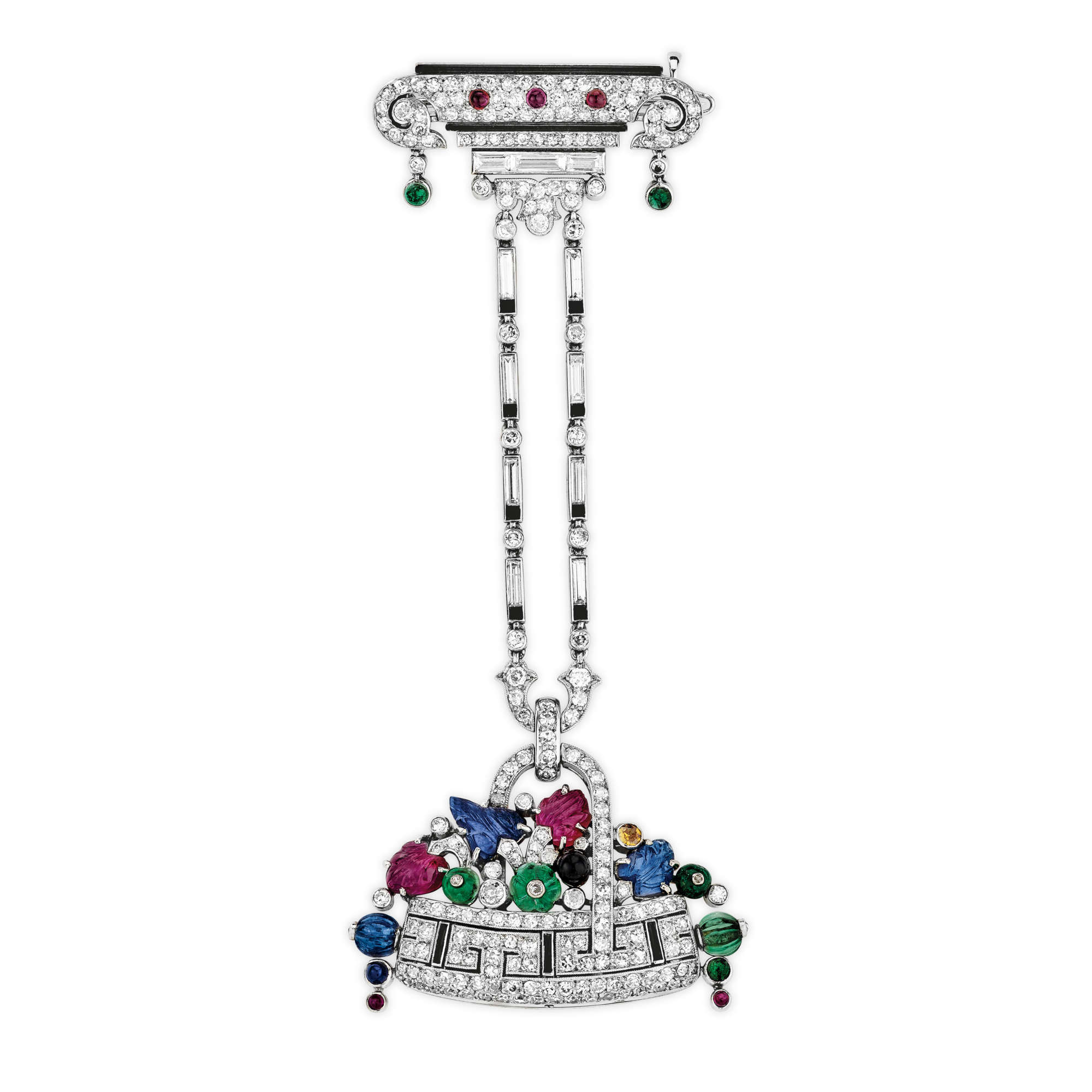 Flowers basket lapel watch, 1926
Platinum, rubies, sapphires, emeralds, onyx, diamonds
Van Cleef & Arpels Collection