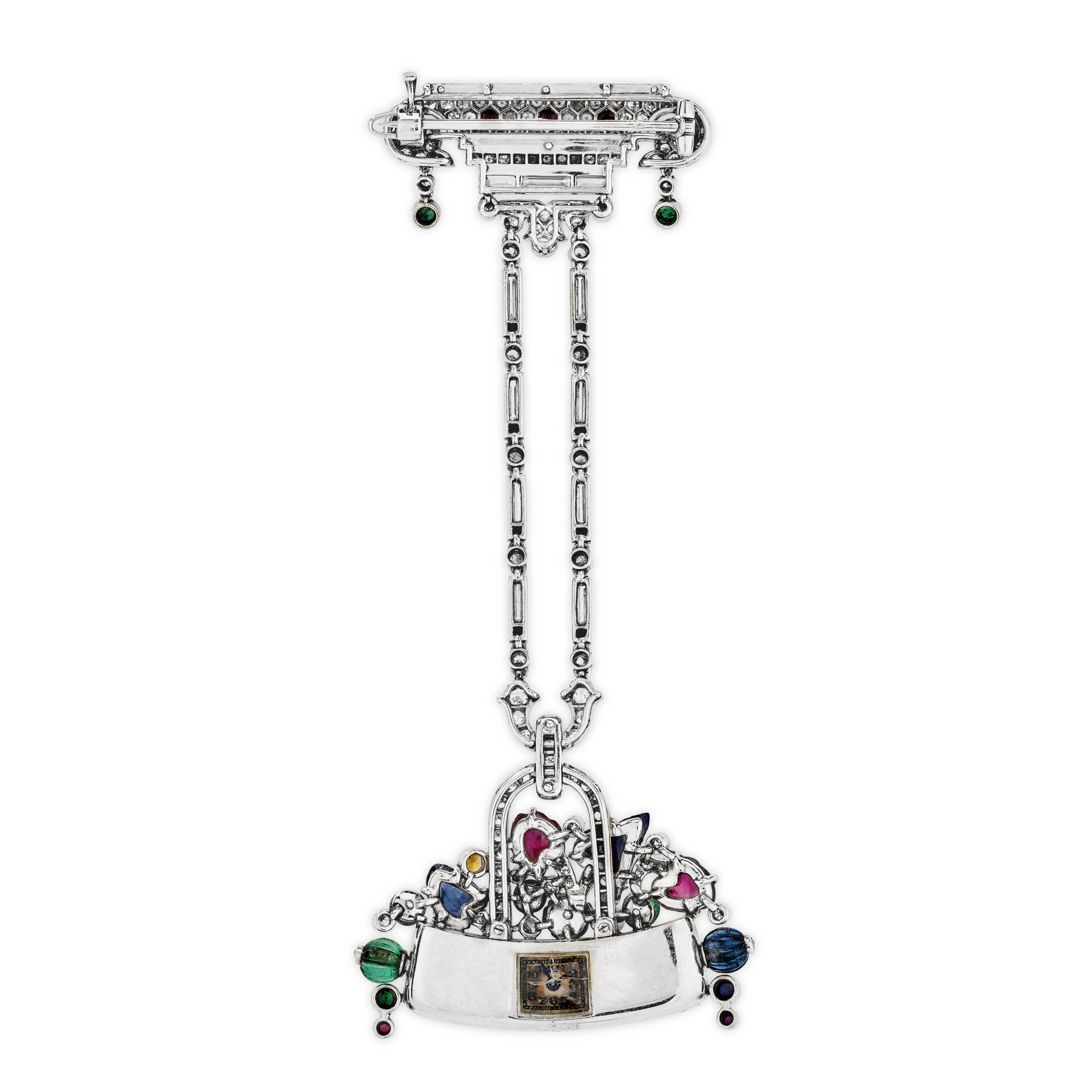 Flowers basket lapel watch, 1926
Platinum, rubies, sapphires, emeralds, onyx, diamonds
Van Cleef & Arpels Collection