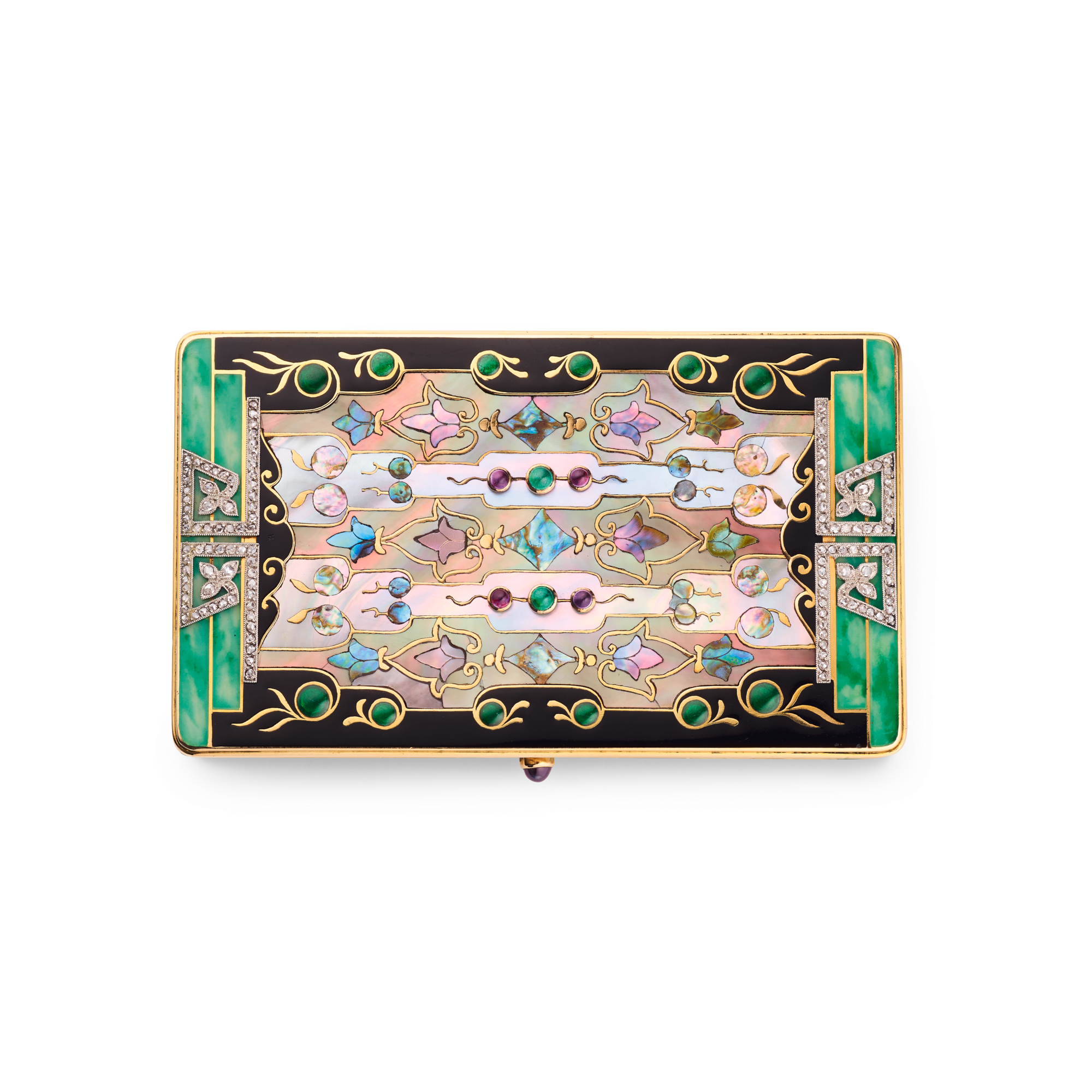 Cigarette case, 1927
Platinum, yellow gold, amethysts, mother-of-pearl, enamel, and diamonds
Van Cleef & Arpels Collection