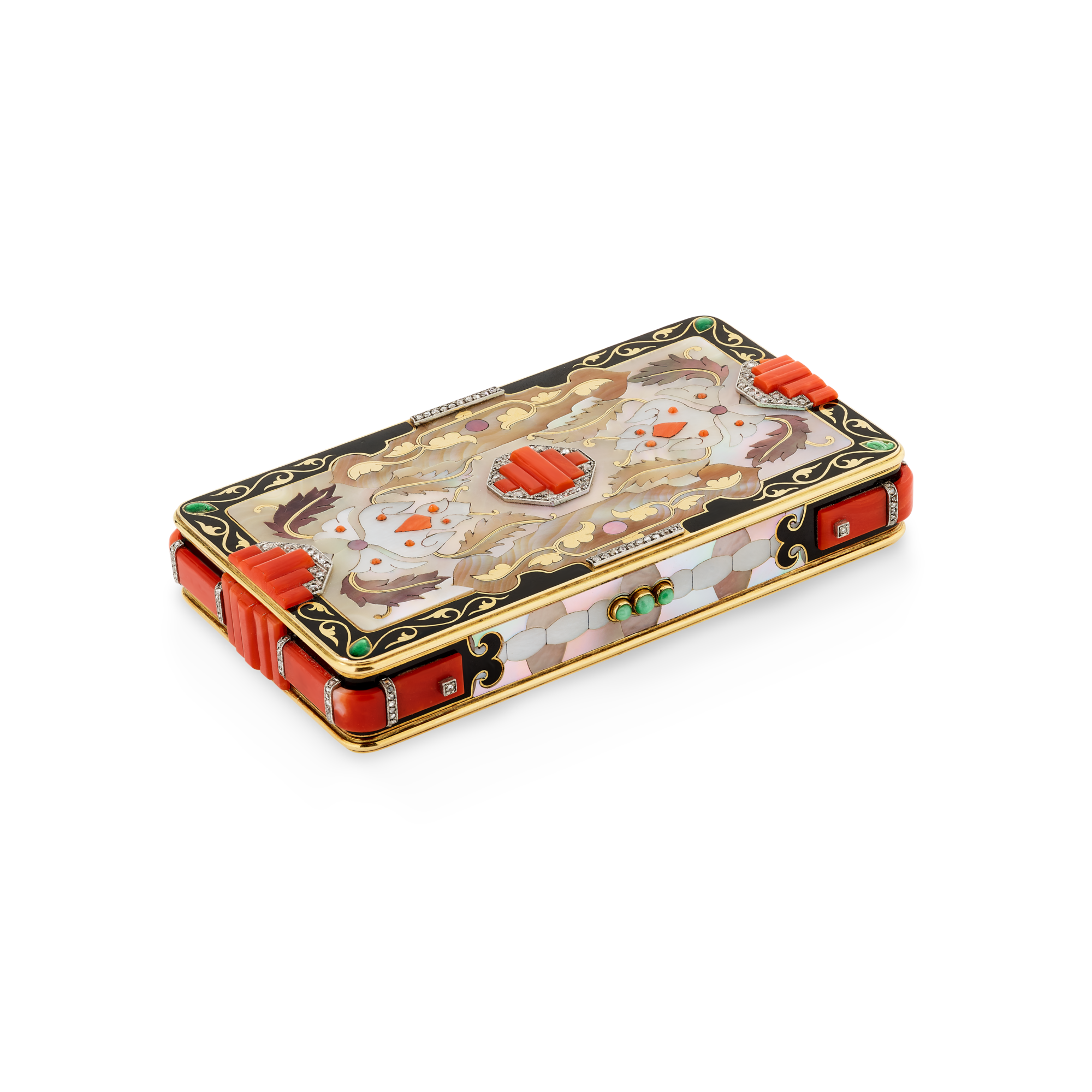 Cigarette case, 1927
Platinum, yellow gold, jade, coral, mother-of-pearl, enamel, and diamonds
Van Cleef & Arpels Collection