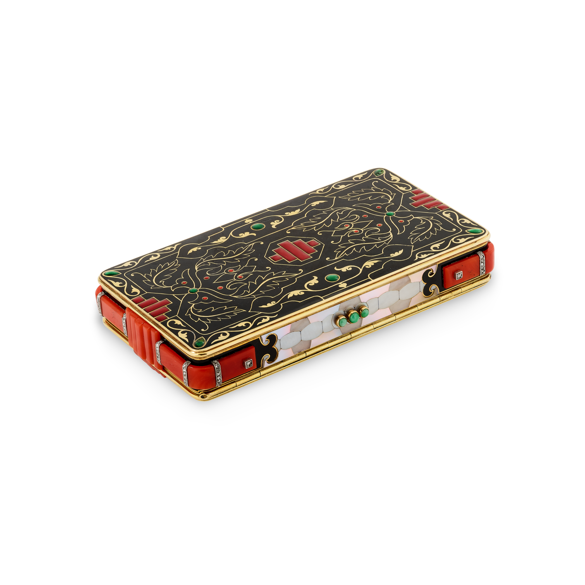 Cigarette case, 1927
Platinum, yellow gold, jade, coral, mother-of-pearl, enamel, and diamonds
Van Cleef & Arpels Collection