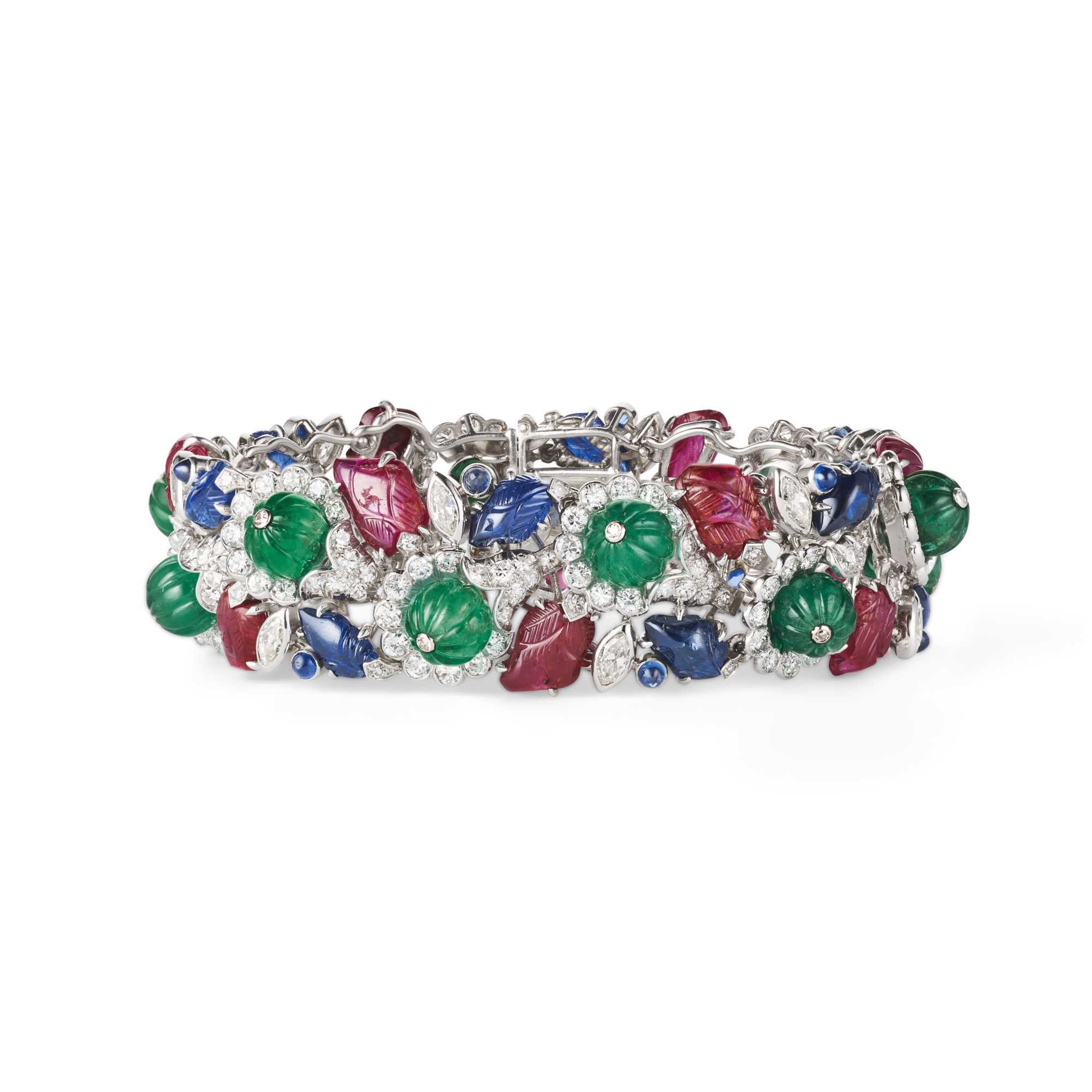 Foliate bracelet, 1939
Platinum, white gold, emeralds, rubies, sapphires, and diamonds
Van Cleef & Arpels Collection