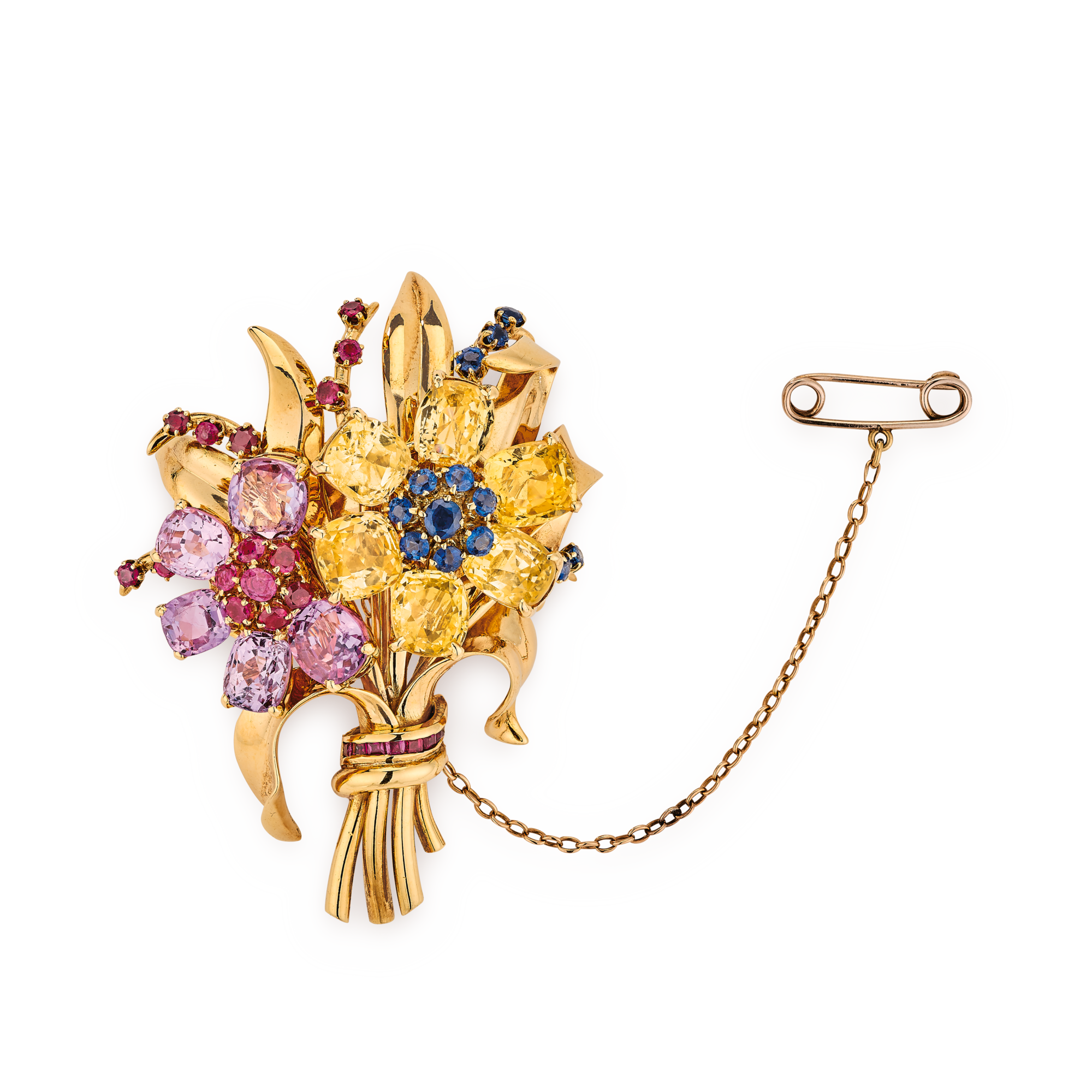 Bouquet clip, 1939
Yellow gold, blue, yellow and pink sapphires, rubies
Van Cleef & Arpels Collection