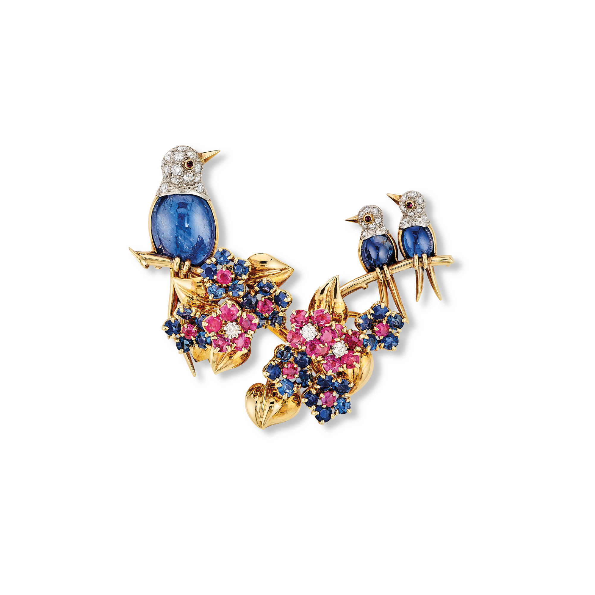 Three Birds clip, 1946
Platinum, yellow gold, rubies, sapphires, and diamonds
Van Cleef & Arpels Collection