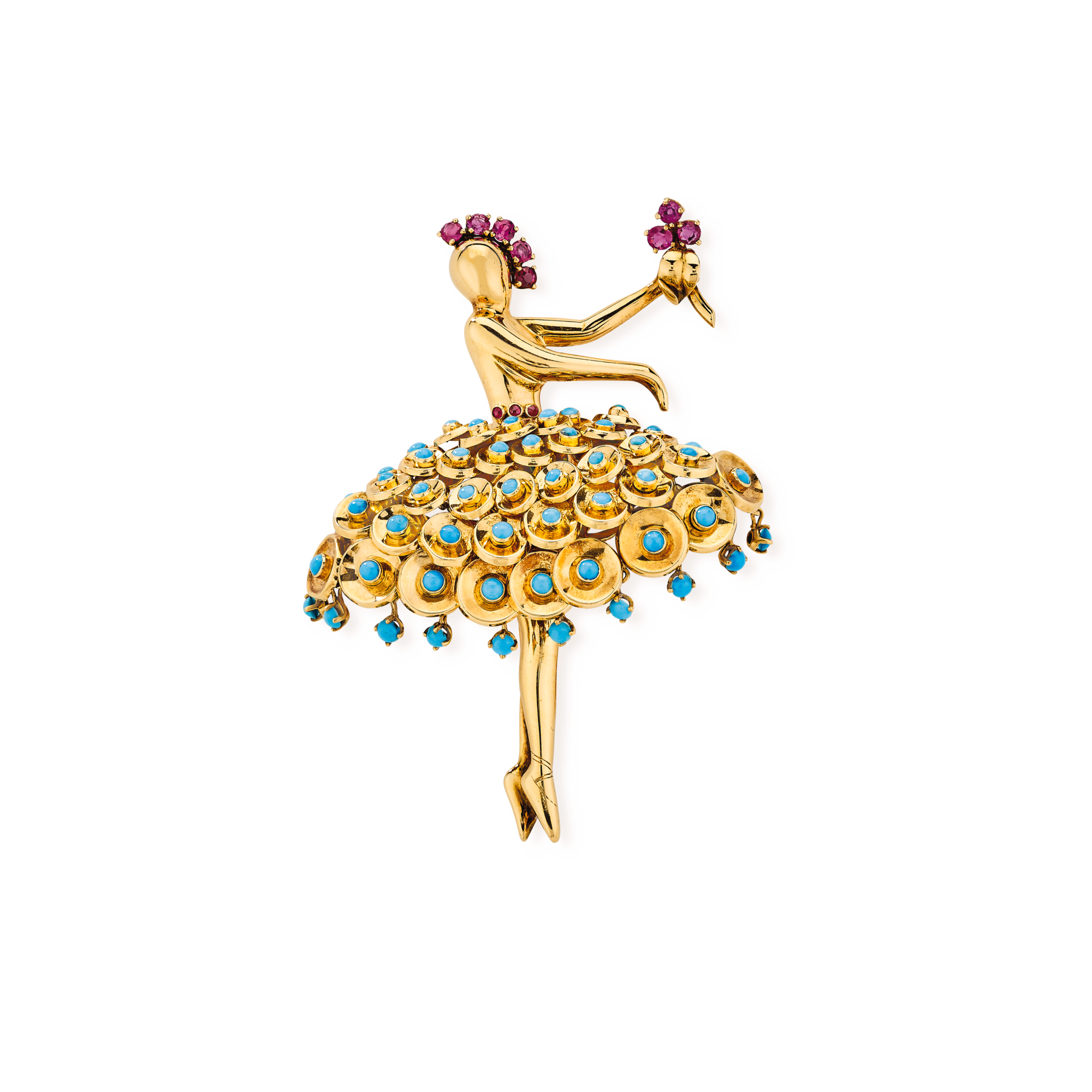 Ballerina clip, 1946
Yellow gold, rubies, turquoises
Van Cleef & Arpels Collection