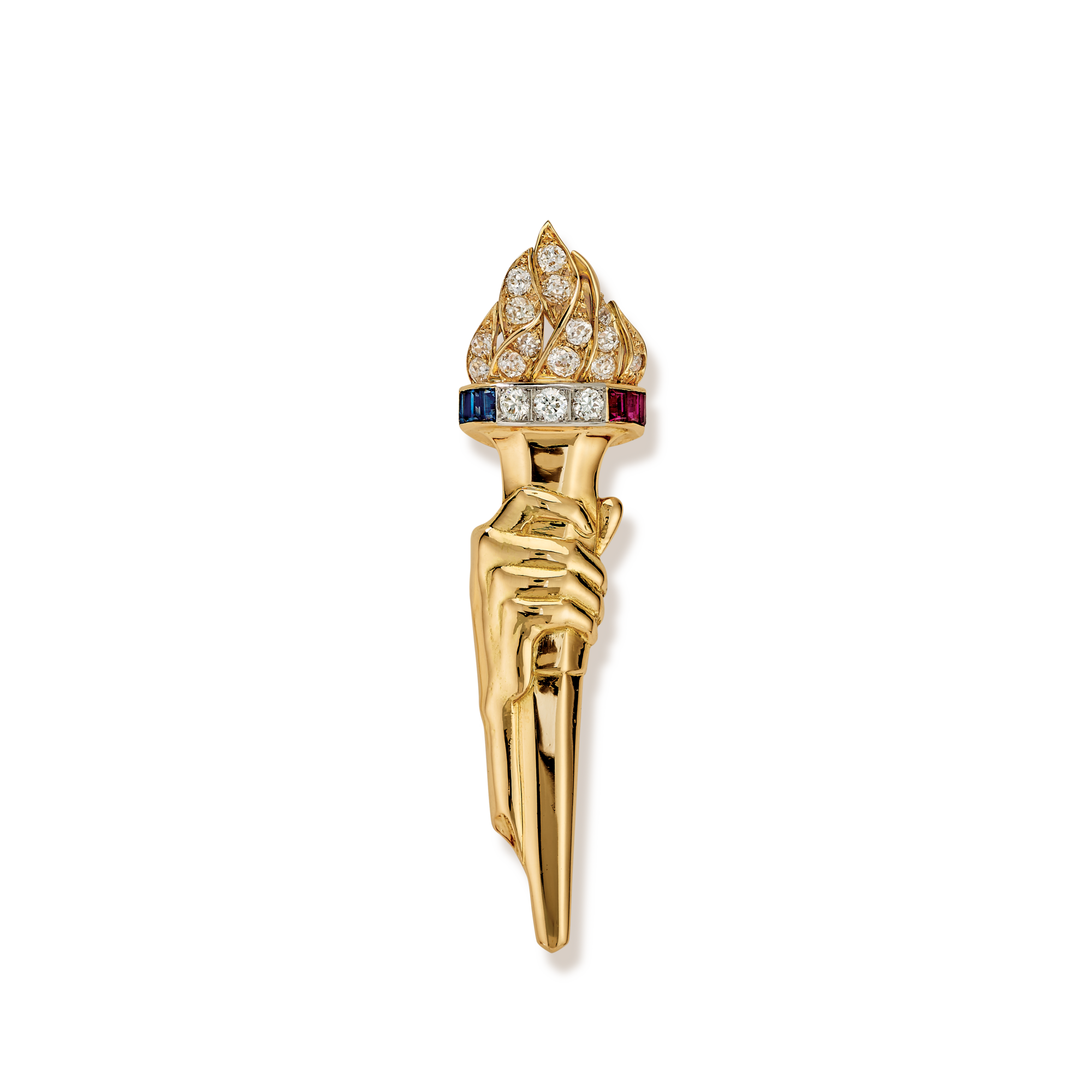 Torch of Liberty clip, 1944
Platinum, yellow gold, rubies, sapphires, and diamonds,
58 × 14 mm.
Van Cleef & Arpels Collection