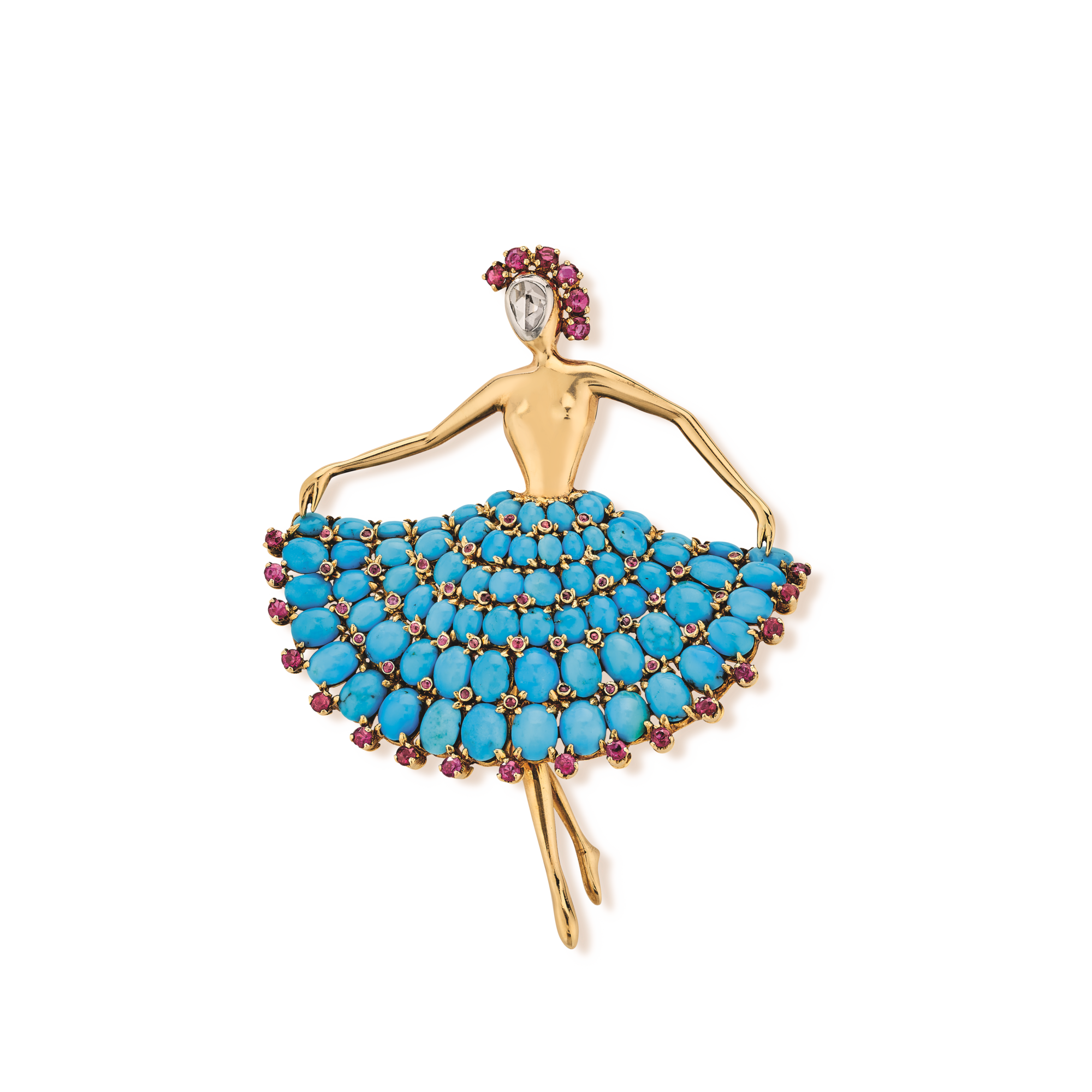 Dancer clip, 1952
Platinum, yellow gold, rubies, turquoise, and diamond
Van Cleef & Arpels Collection