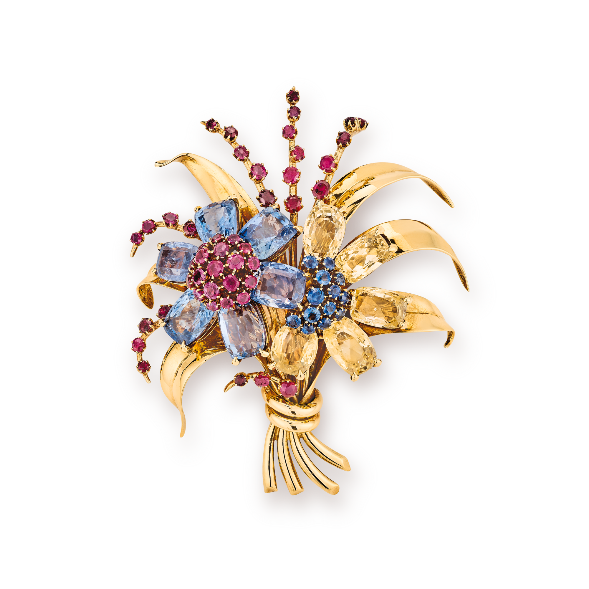 Two Flowers clip, 1940
Yellow gold, rubies, sapphires, and yellow sapphires
Van Cleef & Arpels Collection