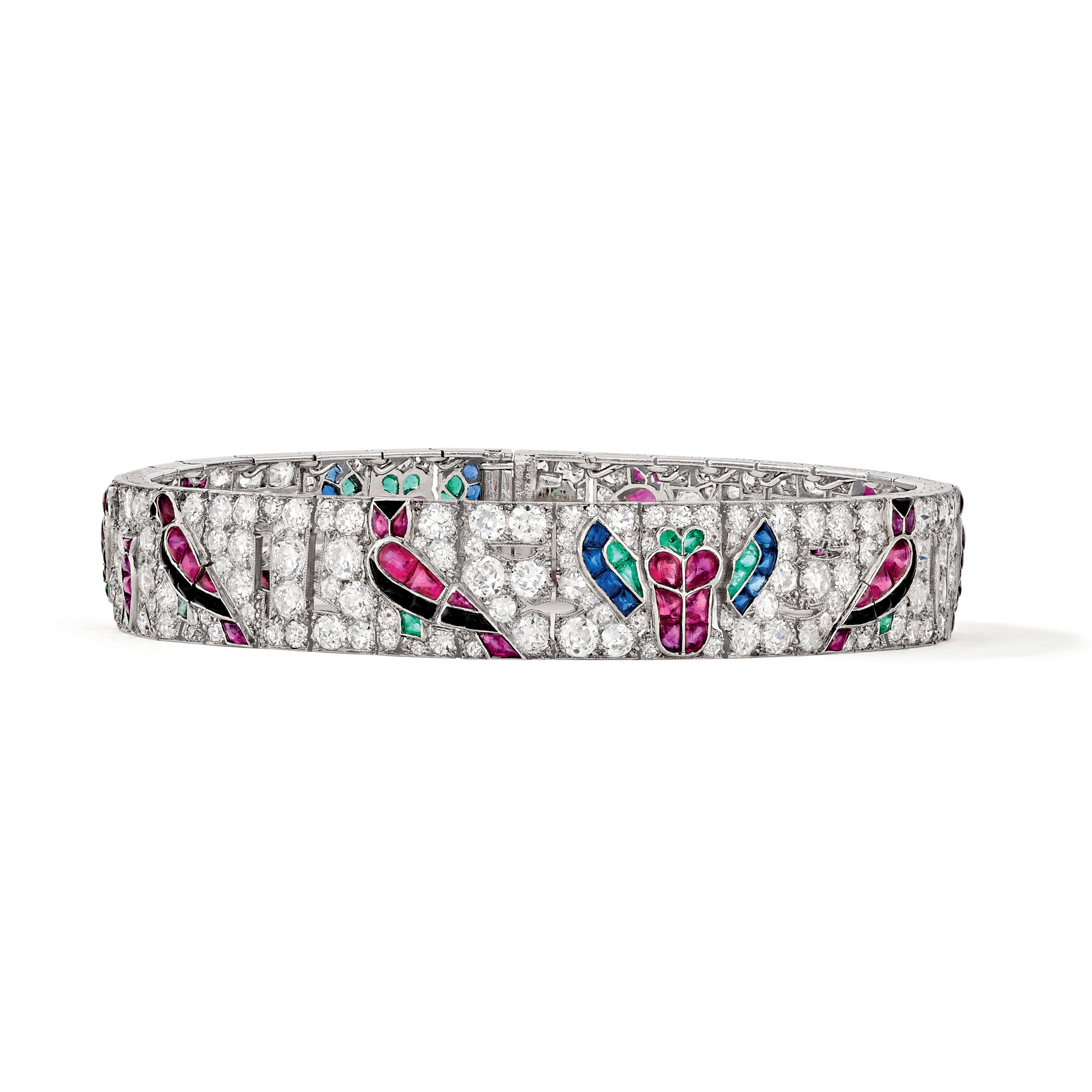 Egyptian Pattern bracelet, 1924
Platinum, emeralds, rubies, sapphires, onyx, and diamonds
Van Cleef & Arpels Collection