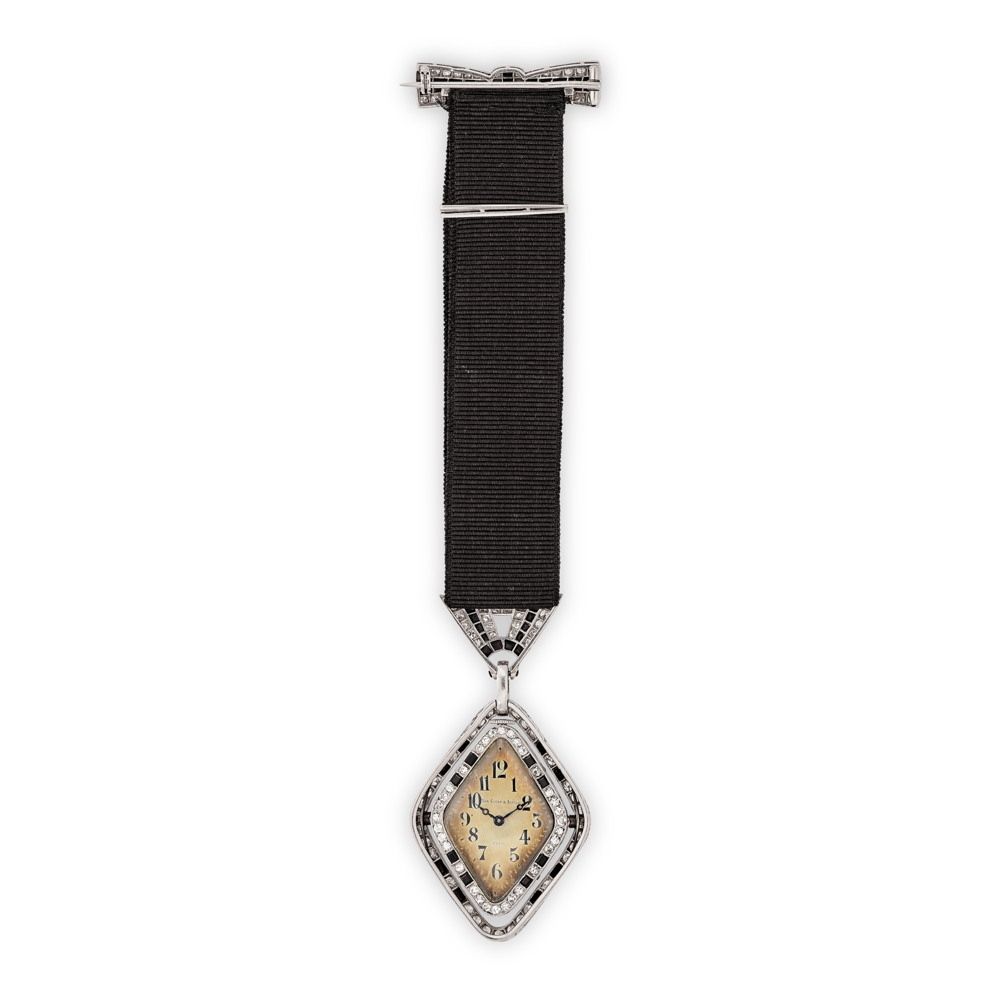 Chatelaine watch, 1918
Platinum, onyx, ribbon, and diamonds 
Van Cleef & Arpels Collection