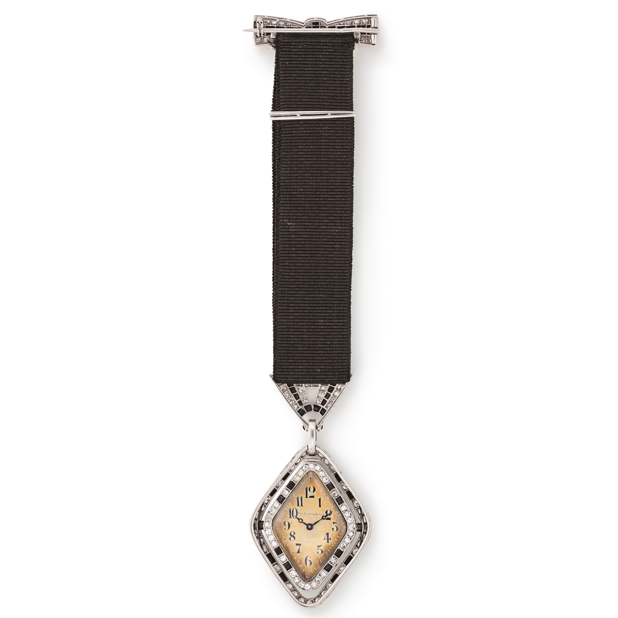 Chatelaine watch, 1918
Platinum, onyx, ribbon, and diamonds 
Van Cleef & Arpels Collection