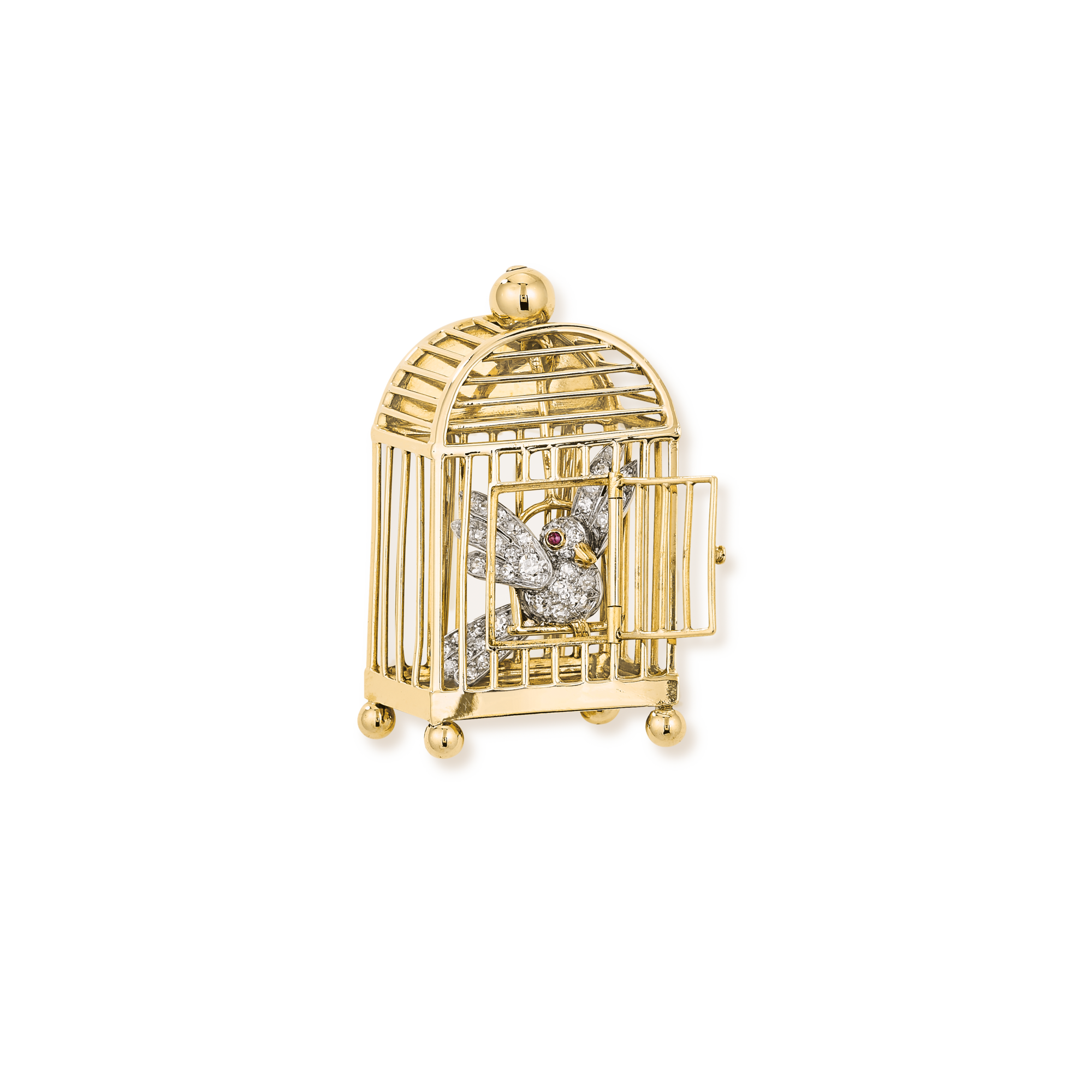 Cage clip, 1945
Platinum, yellow gold, rubies, and diamonds
Van Cleef & Arpels Collection