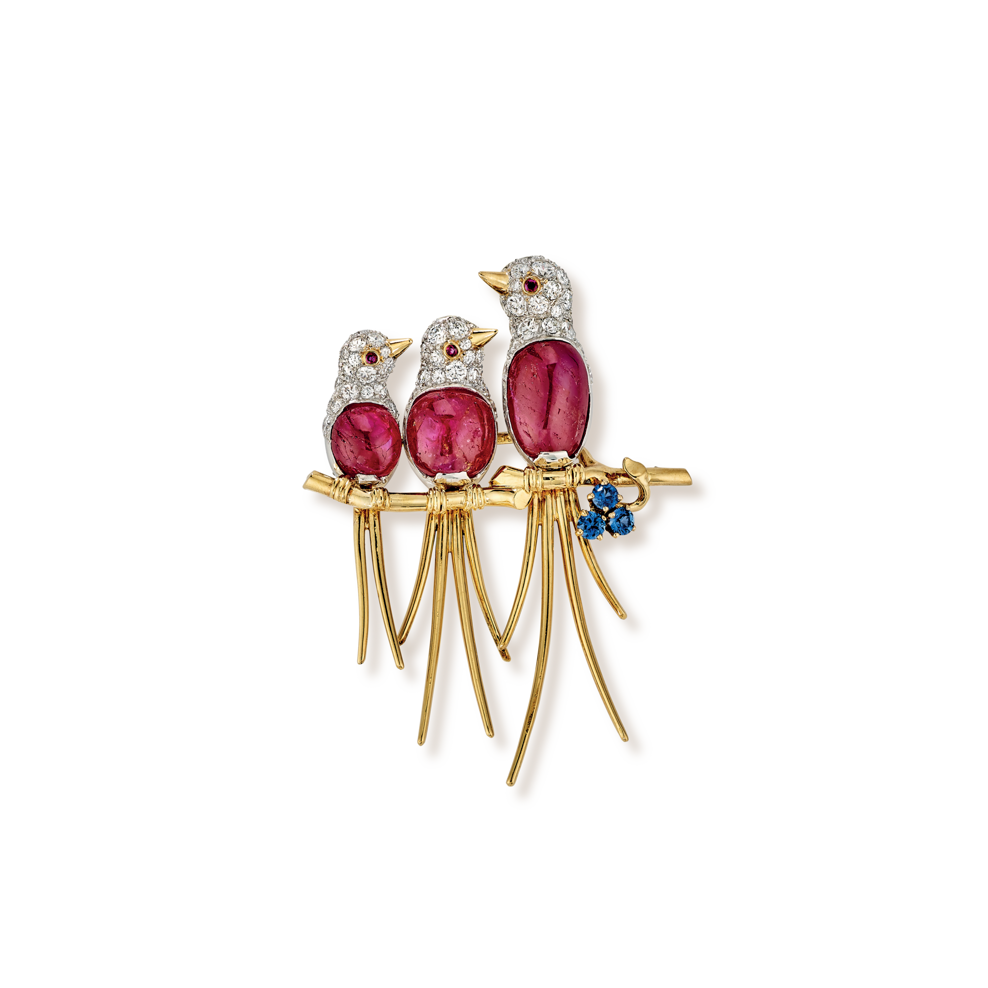 Three birds clip, 1954
Platinum, yellow gold, sapphires, rubies, diamonds
Van Cleef & Arpels Collection