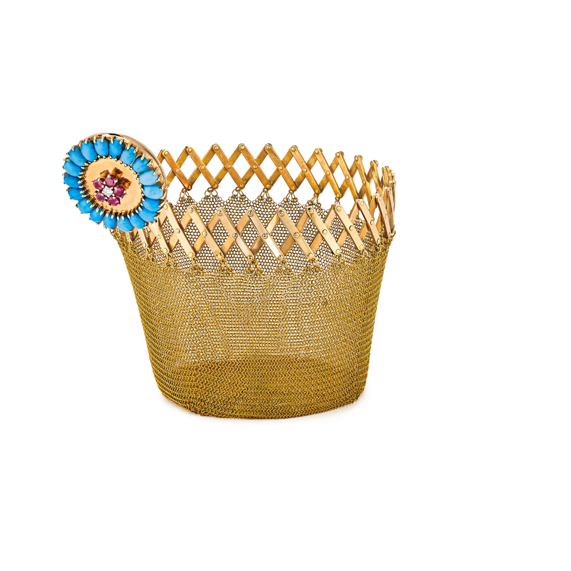 Accordion purse, 1942
Yellow gold, rubies, turquoise, and diamond
Van Cleef & Arpels Collection