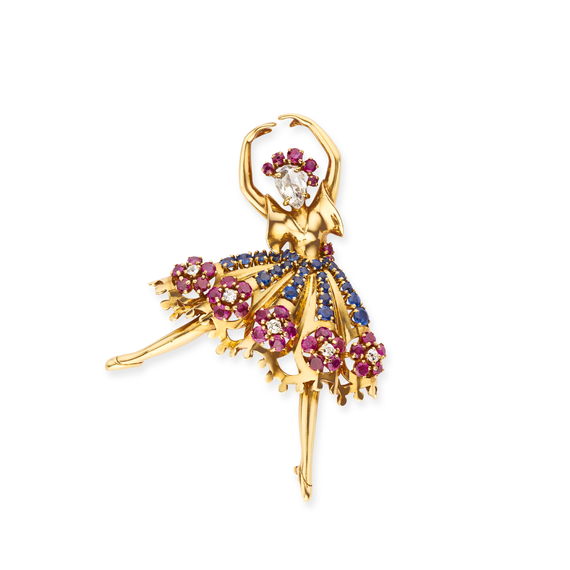 Dancer clip, 1944
Yellow gold, rubies, sapphires, and diamonds
Van Cleef & Arpels Collection