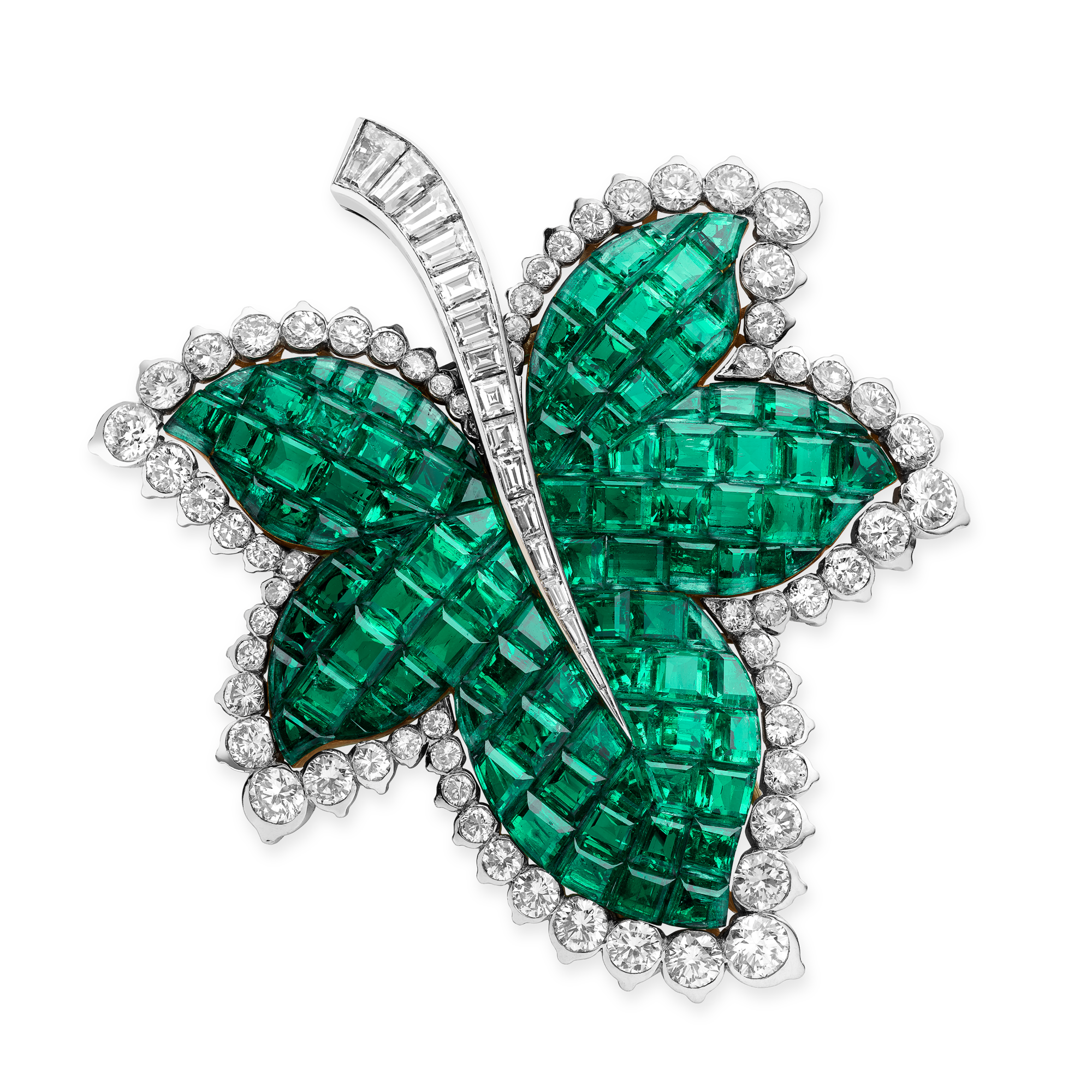 Plane Tree Leaf clip, 1951
Platinum, yellow gold, Mystery Set emeralds, and diamonds
Van Cleef & Arpels Collection