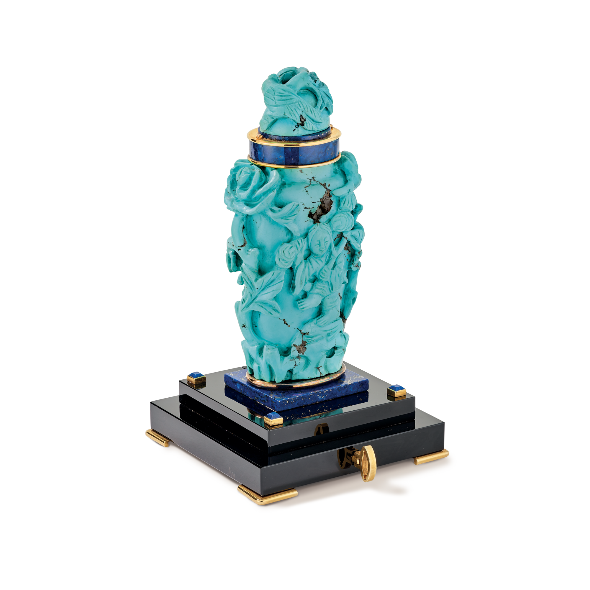 Snuff bottle clock, 1930
Yellow gold, onyx, turquoise, lapis lazuli, and enamel
Van Cleef & Arpels Collection