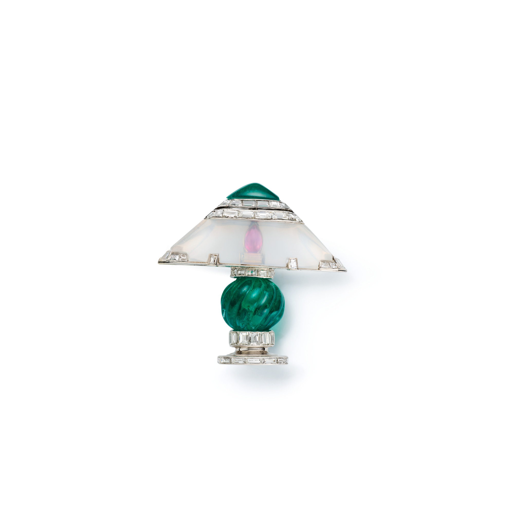 Costume Lamp brooch, 1929
Platinum, emeralds, rubies, moonstone, and diamonds
Van Cleef & Arpels Collection