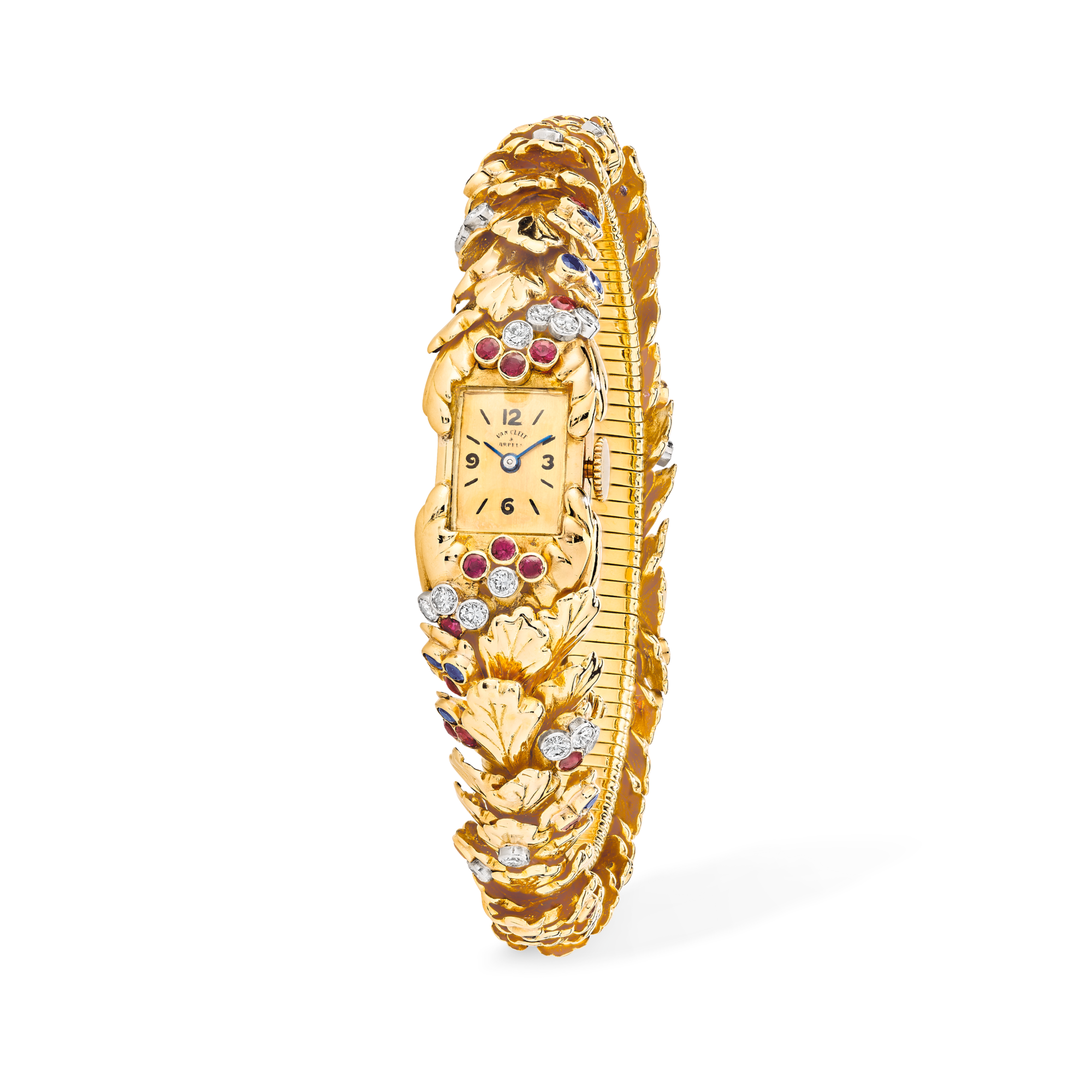 Oak Leaves wristwatch, 1951
Platinum, yellow gold, rubies, sapphires, and diamonds
Van Cleef & Arpels Collection