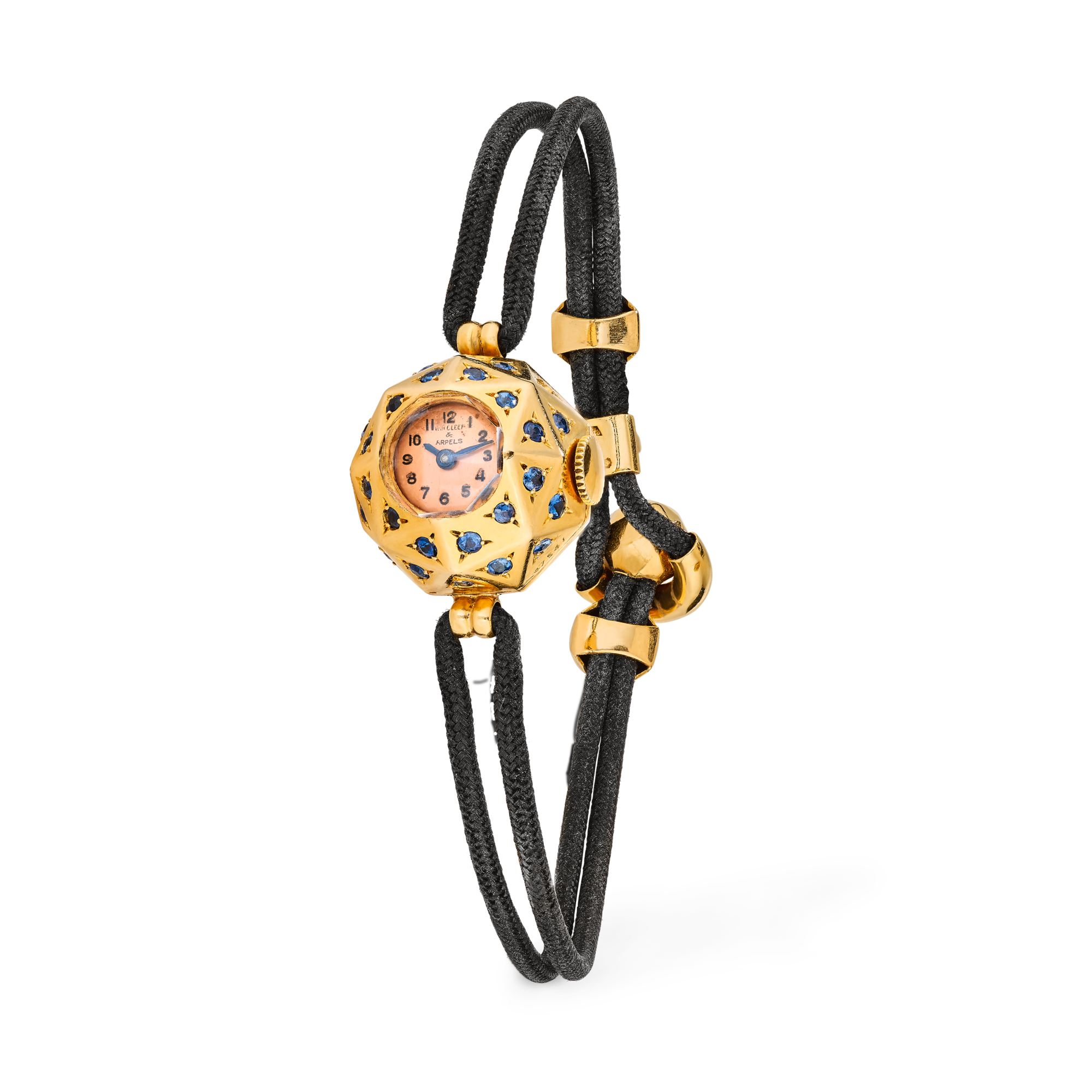 Faceted Sphere wristwatch, 1937
Yellow gold, sapphires, and cord
Van Cleef & Arpels Collection