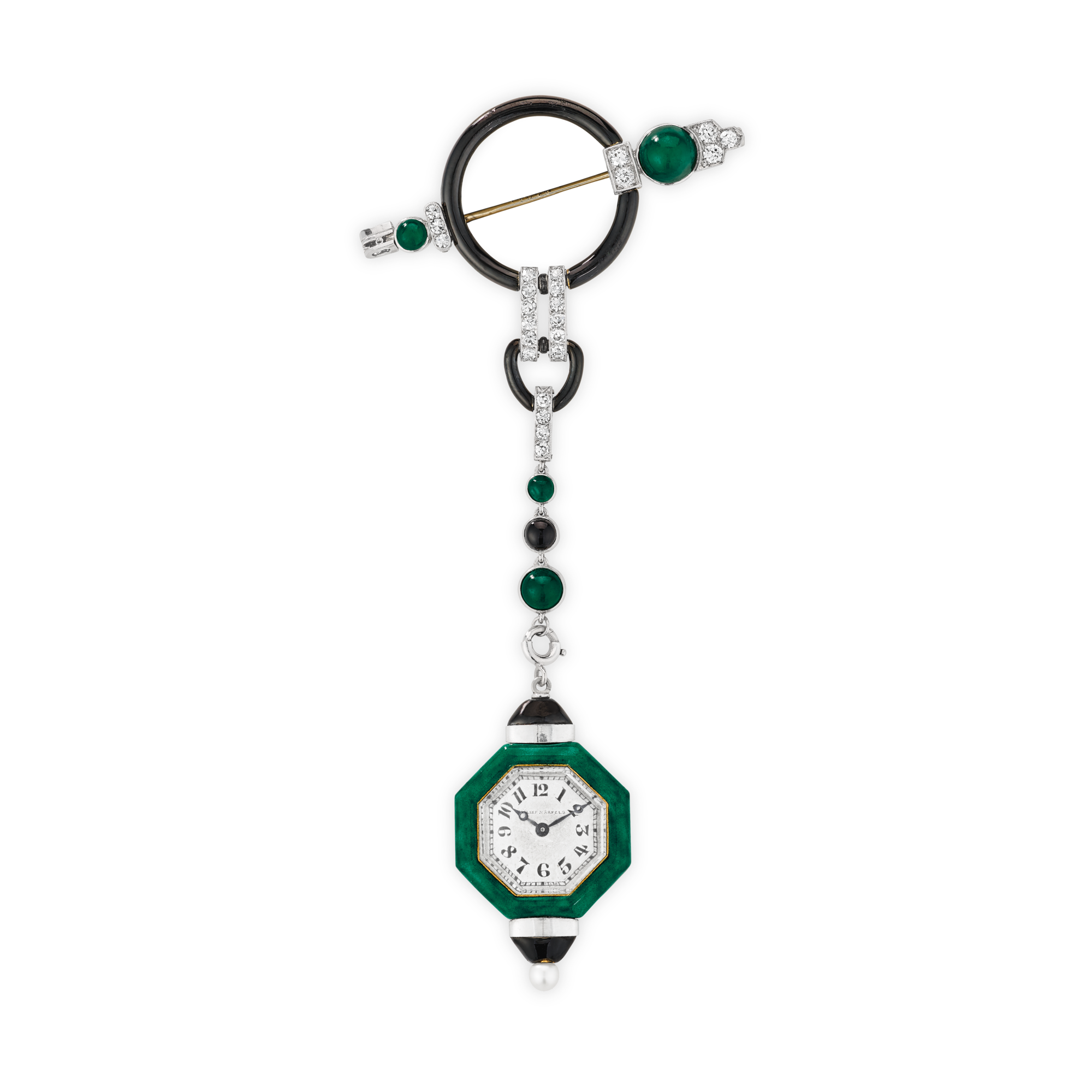 Chatelaine watch, 1924
Platinum, yellow gold, onyx, jade, pearl, enamel, and diamonds
Van Cleef & Arpels Collection