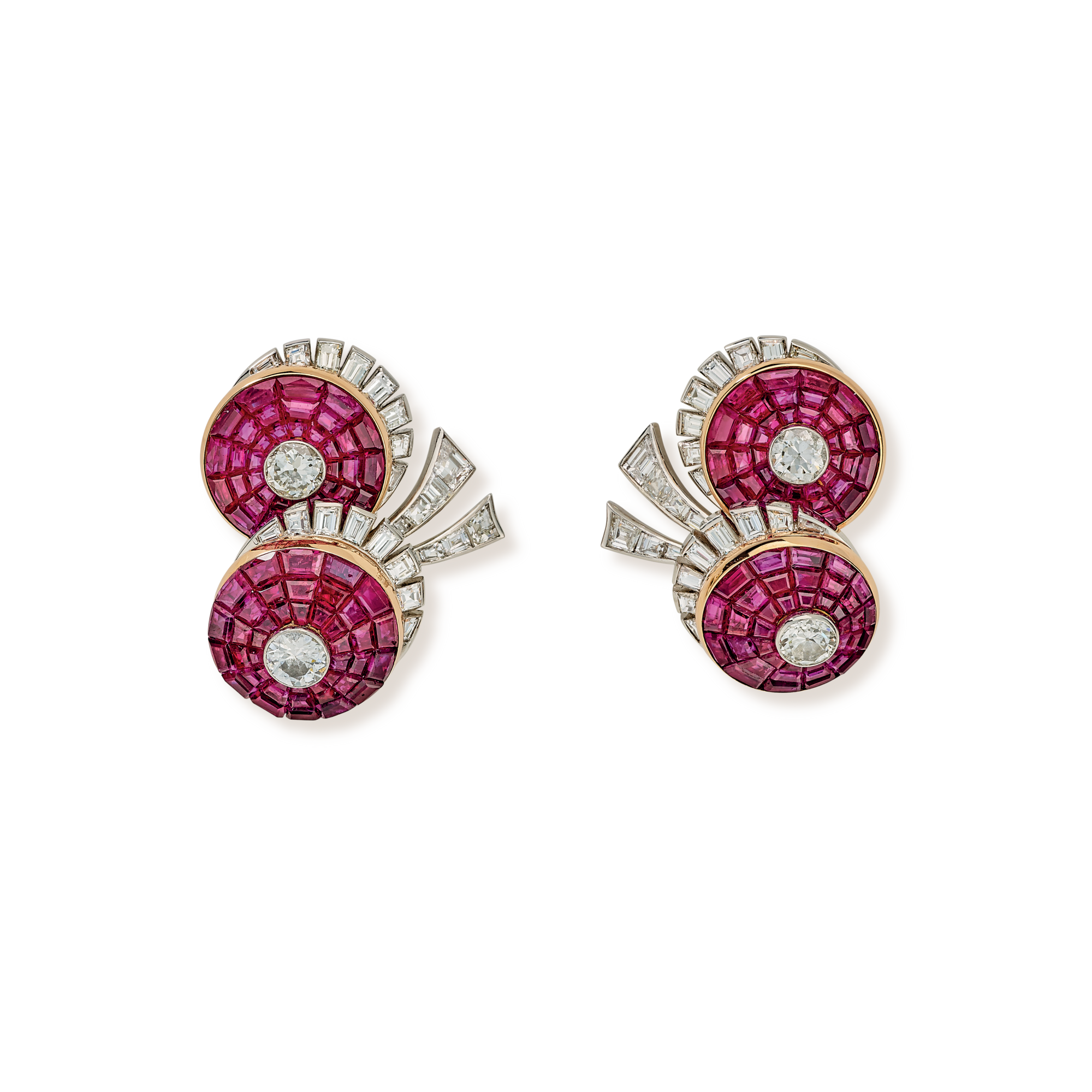 Pastille earrings, 1951
Platinum, yellow gold, Mystery Set rubies, and diamonds
Van Cleef & Arpels Collection