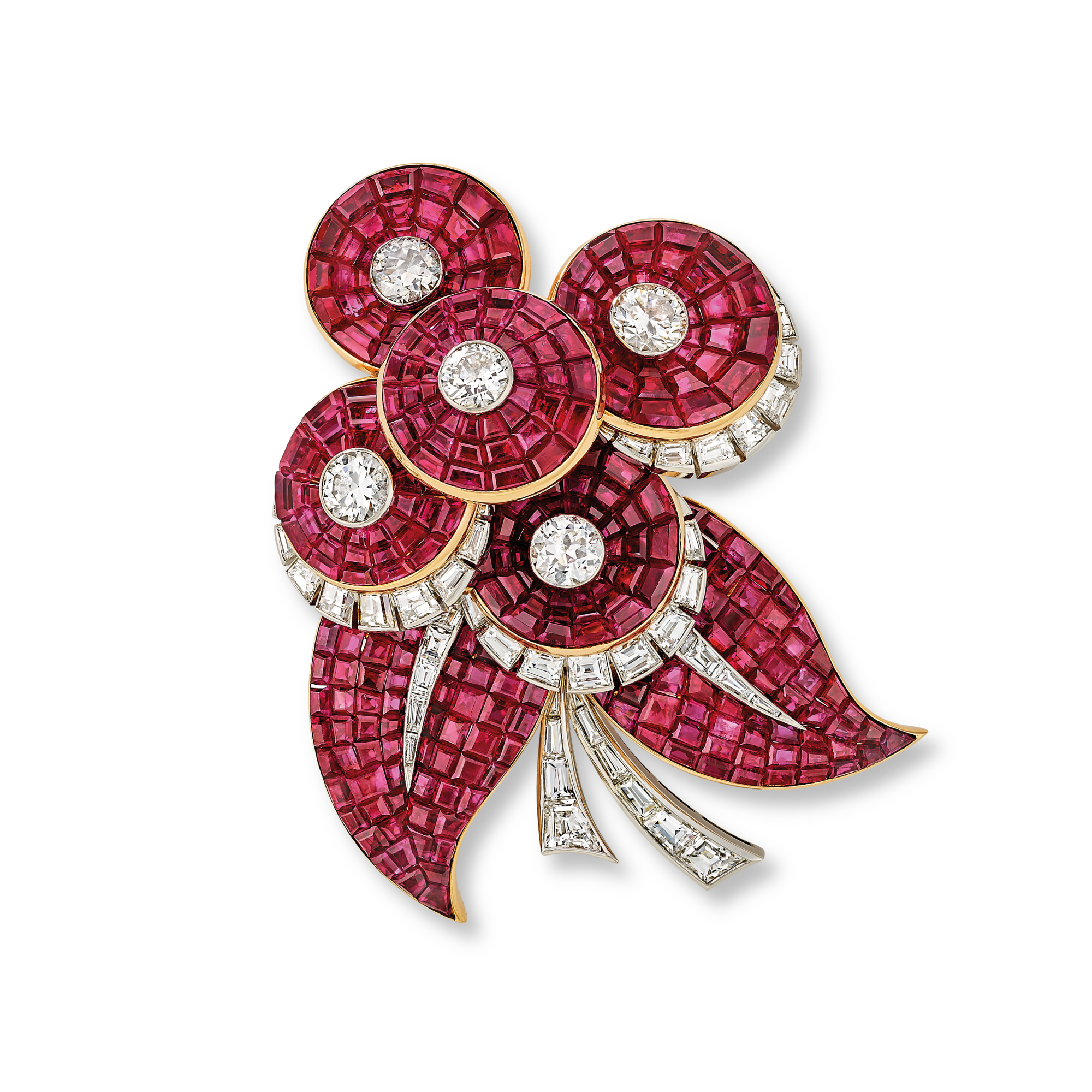 Clip, 1951
Platinum, yellow gold, Mystery Set rubies, and diamonds
Van Cleef & Arpels Collection