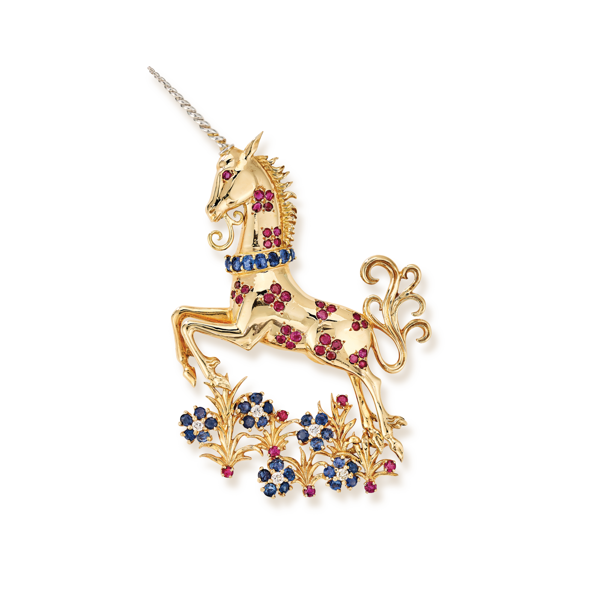 Unicorn clip, 1948
Yellow gold, white gold, silver, rubies, sapphires, and diamonds
Van Cleef & Arpels Collection