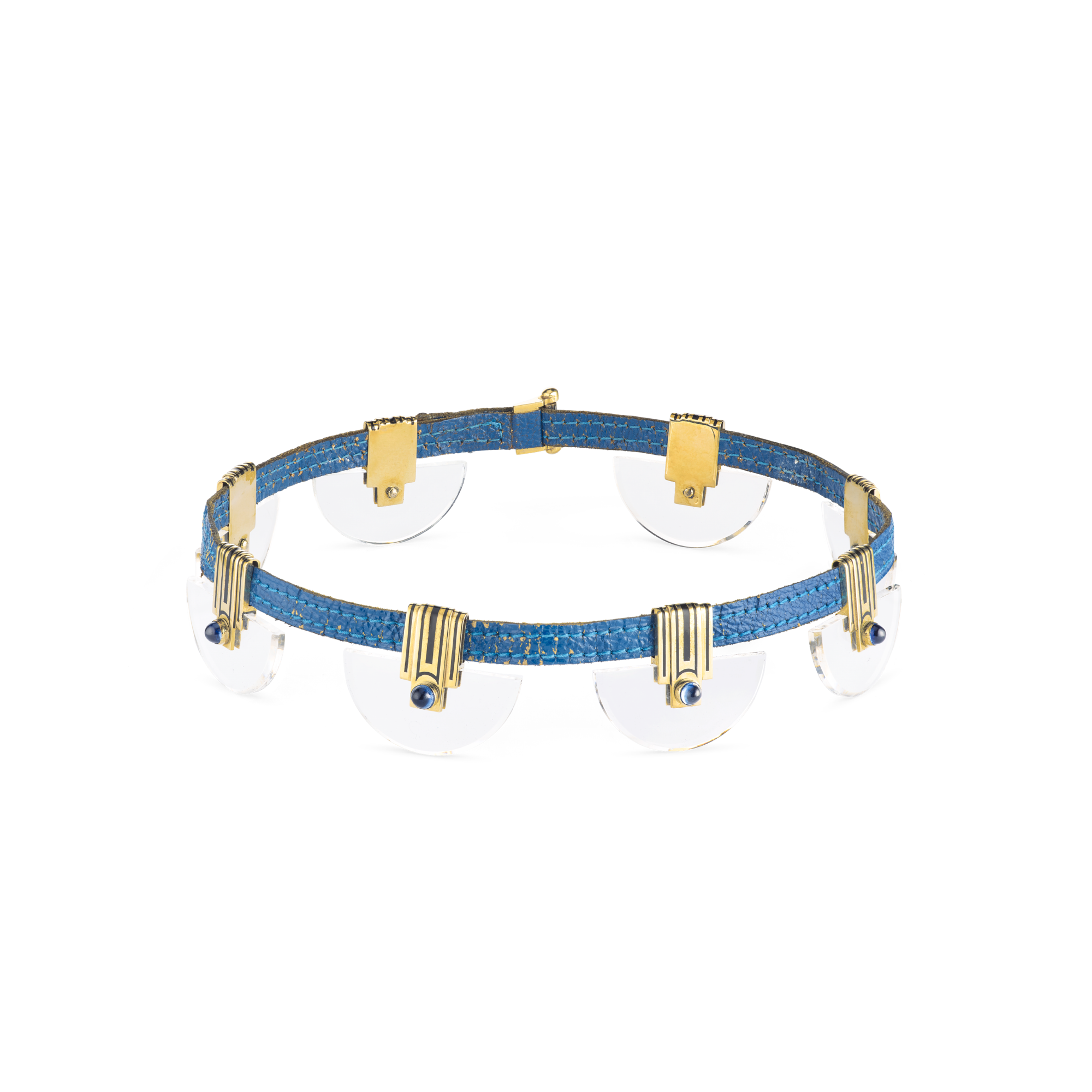 Costume choker, 1930
Osmior, sapphires, rock crystal, enamel, leather, and diamonds
Van Cleef & Arpels Collection