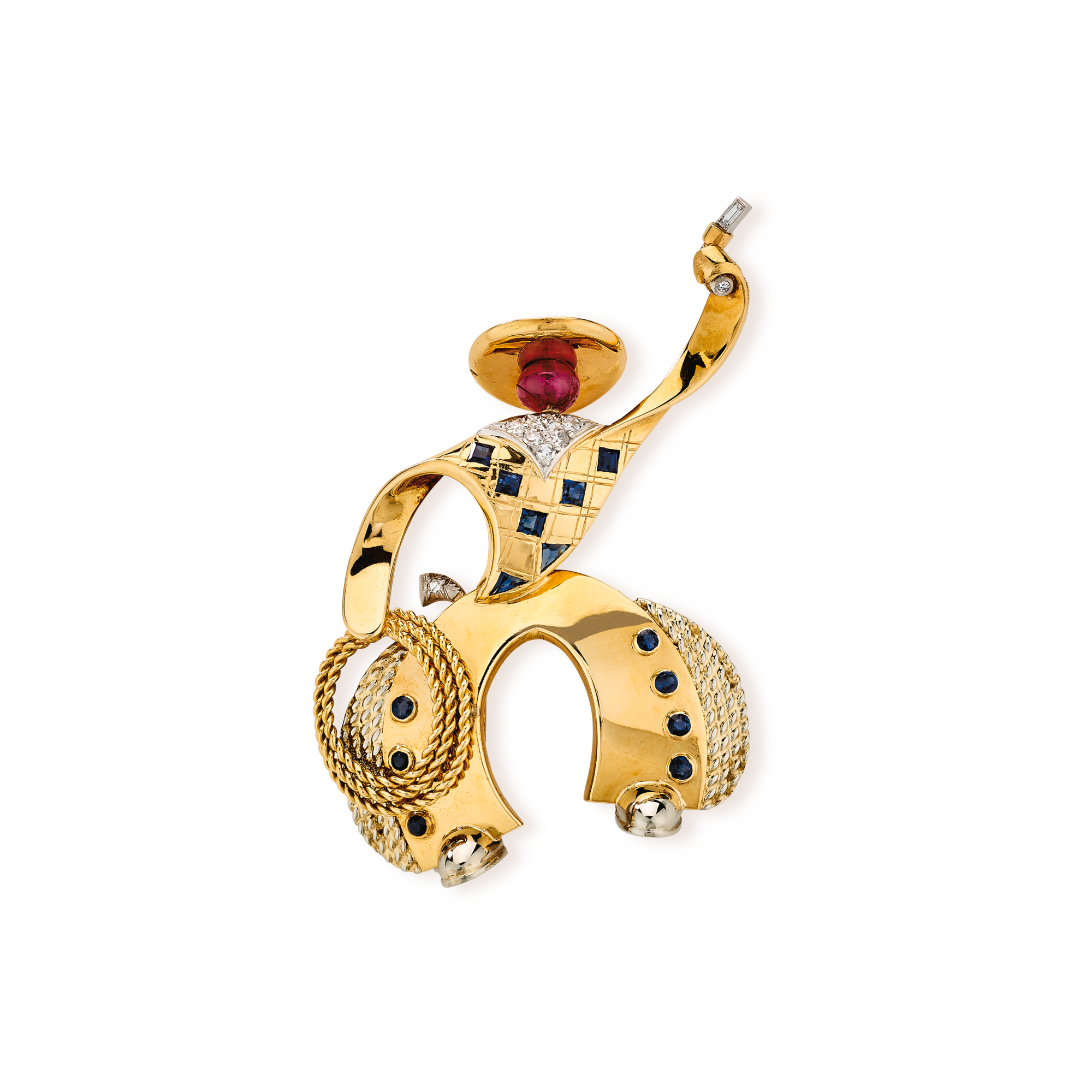 Cowboy clip, 1951
Platinum, yellow gold, rubies, sapphires, and diamonds
Van Cleef & Arpels Collection