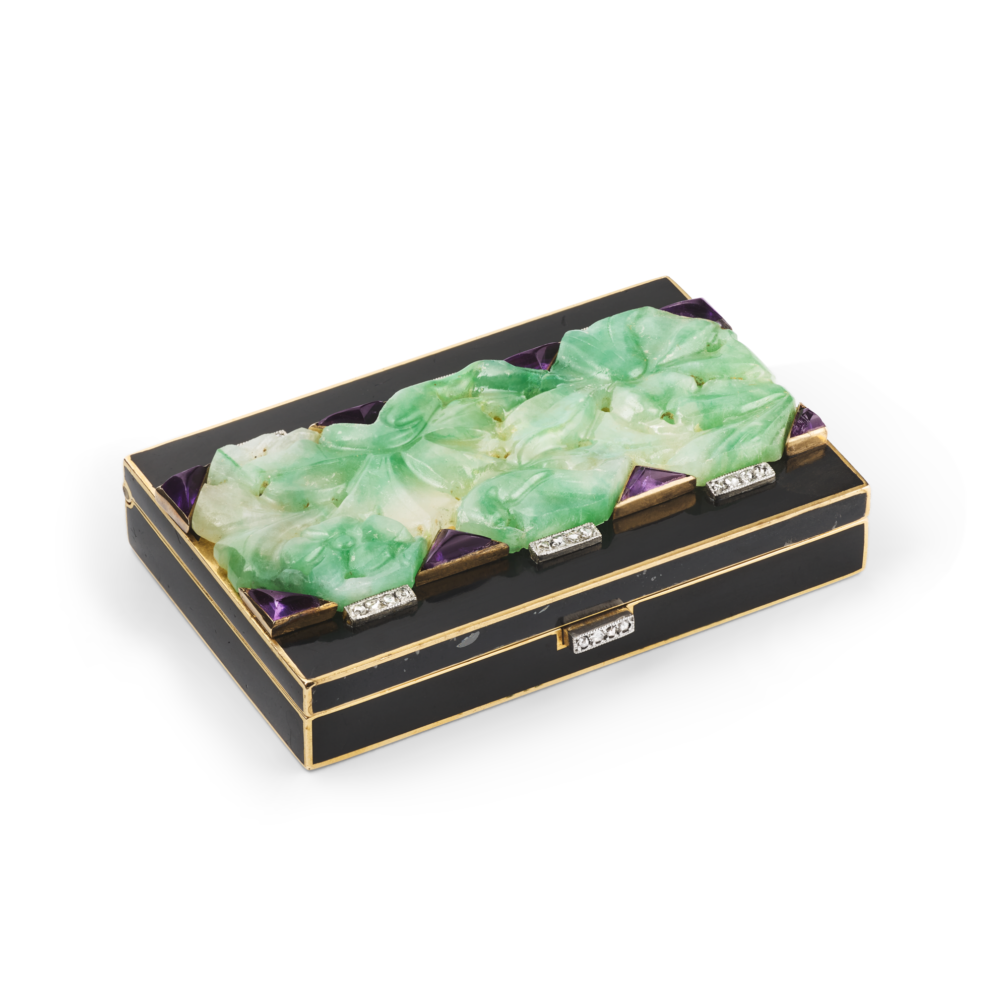 Box, 1926
Platinum, yellow gold, amethysts, jade, enamel, and diamonds
Van Cleef & Arpels Collection