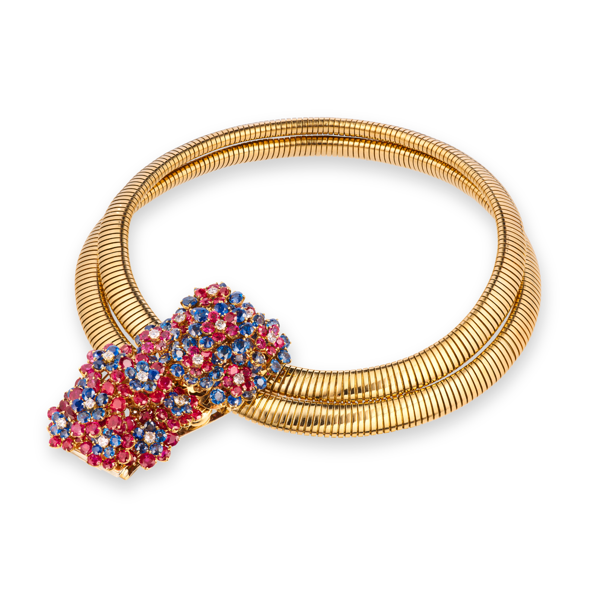 Hawaii Passe-Partout jewelry, 1939
Convertible into a necklace, a bracelet, a belt or detachable clips
Yellow gold, rubies, sapphires and diamonds
Van Cleef & Arpels Collection