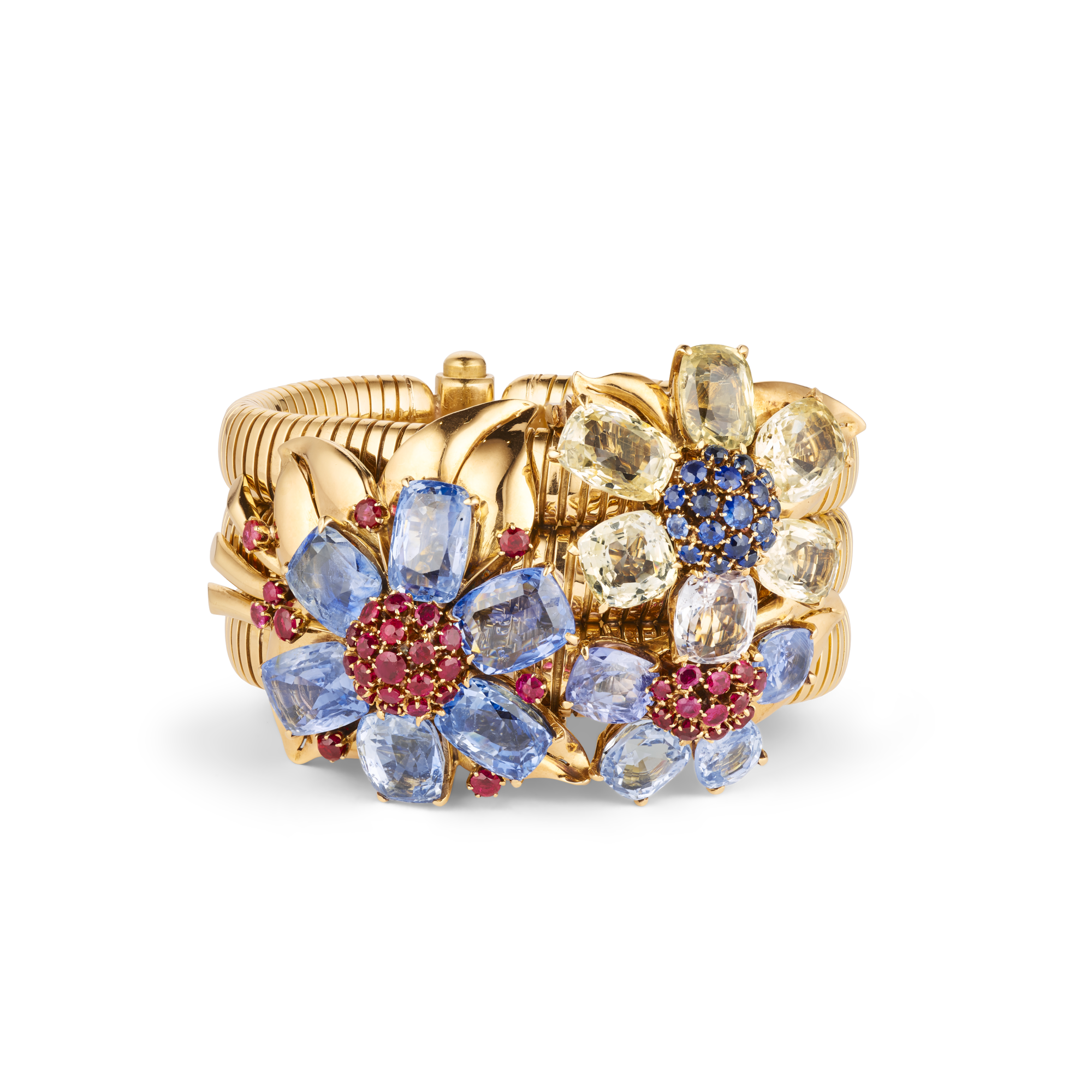 Wristwatch, 1939
Two detachable clips
Yellow gold, white gold, rubies, sapphires, and yellow sapphires
Van Cleef & Arpels Collection