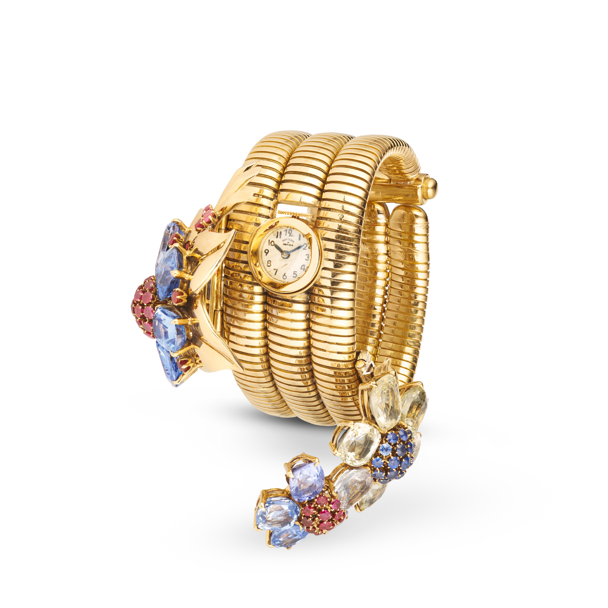 Wristwatch, 1939
Two detachable clips
Yellow gold, white gold, rubies, sapphires, and yellow sapphires
Van Cleef & Arpels Collection