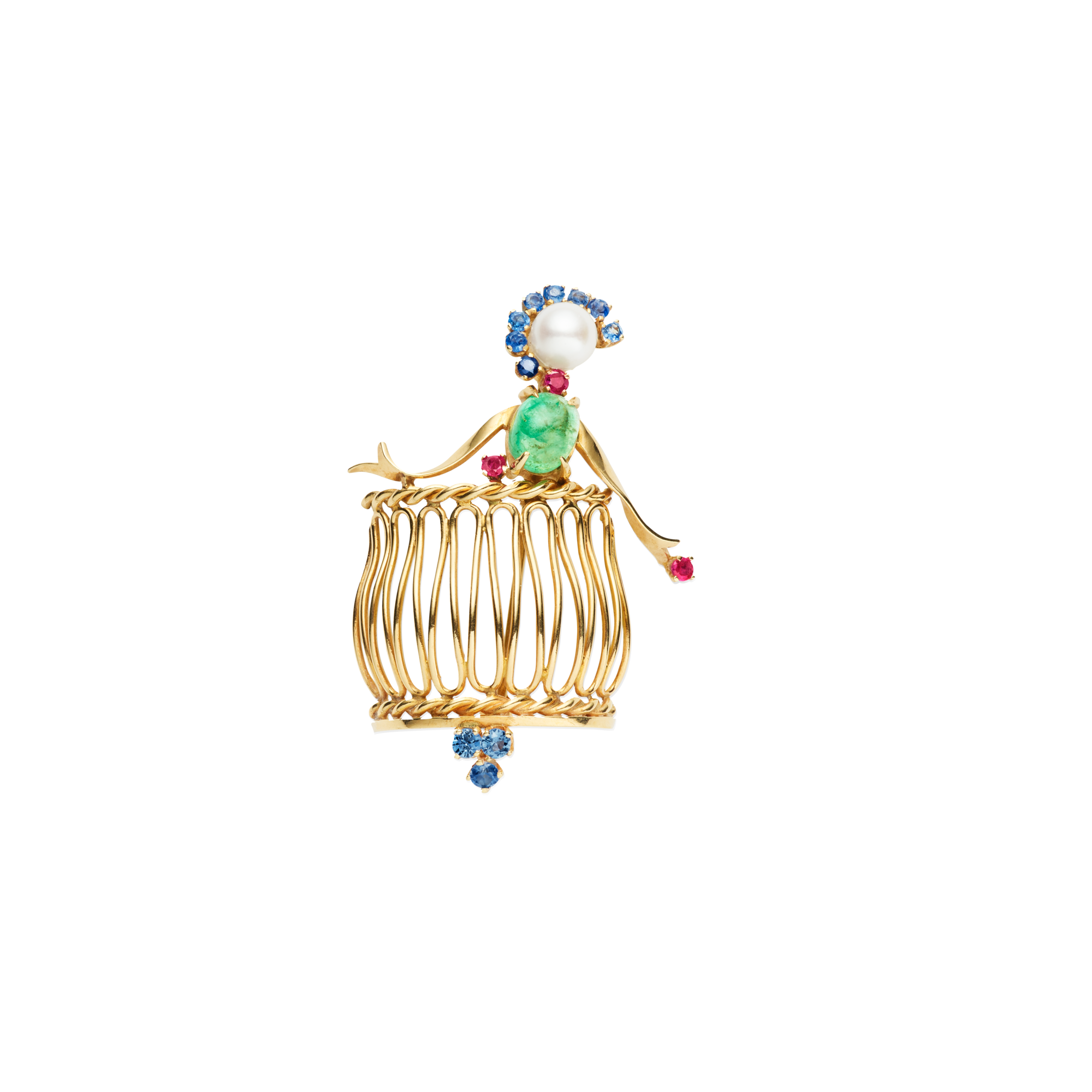 Juliet brooch, c. 1951
Yellow gold, emerald, rubies, sapphires and pearl
Van Cleef & Arpels Collection