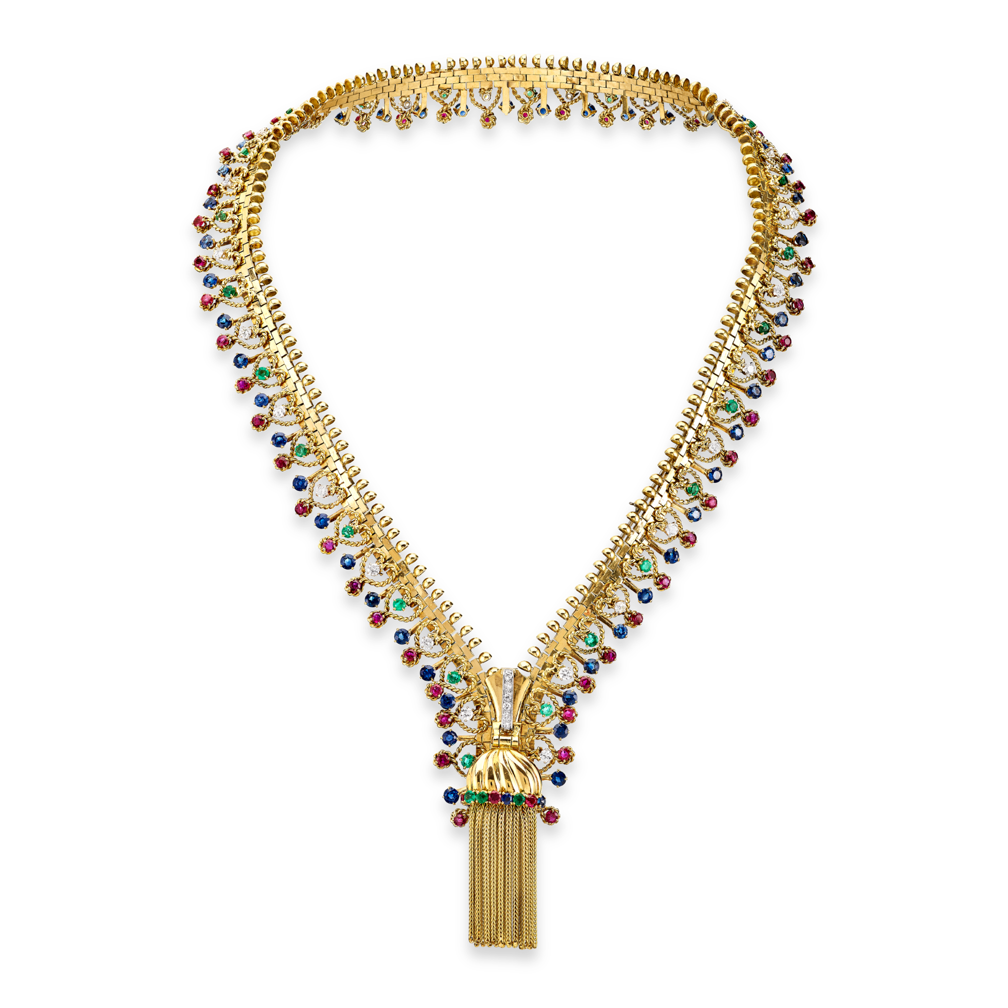 Zip necklace transformable into a bracelet, 1951
Platinum, yellow gold, sapphires, emeralds, rubies, diamonds
Van Cleef & Arpels Collection