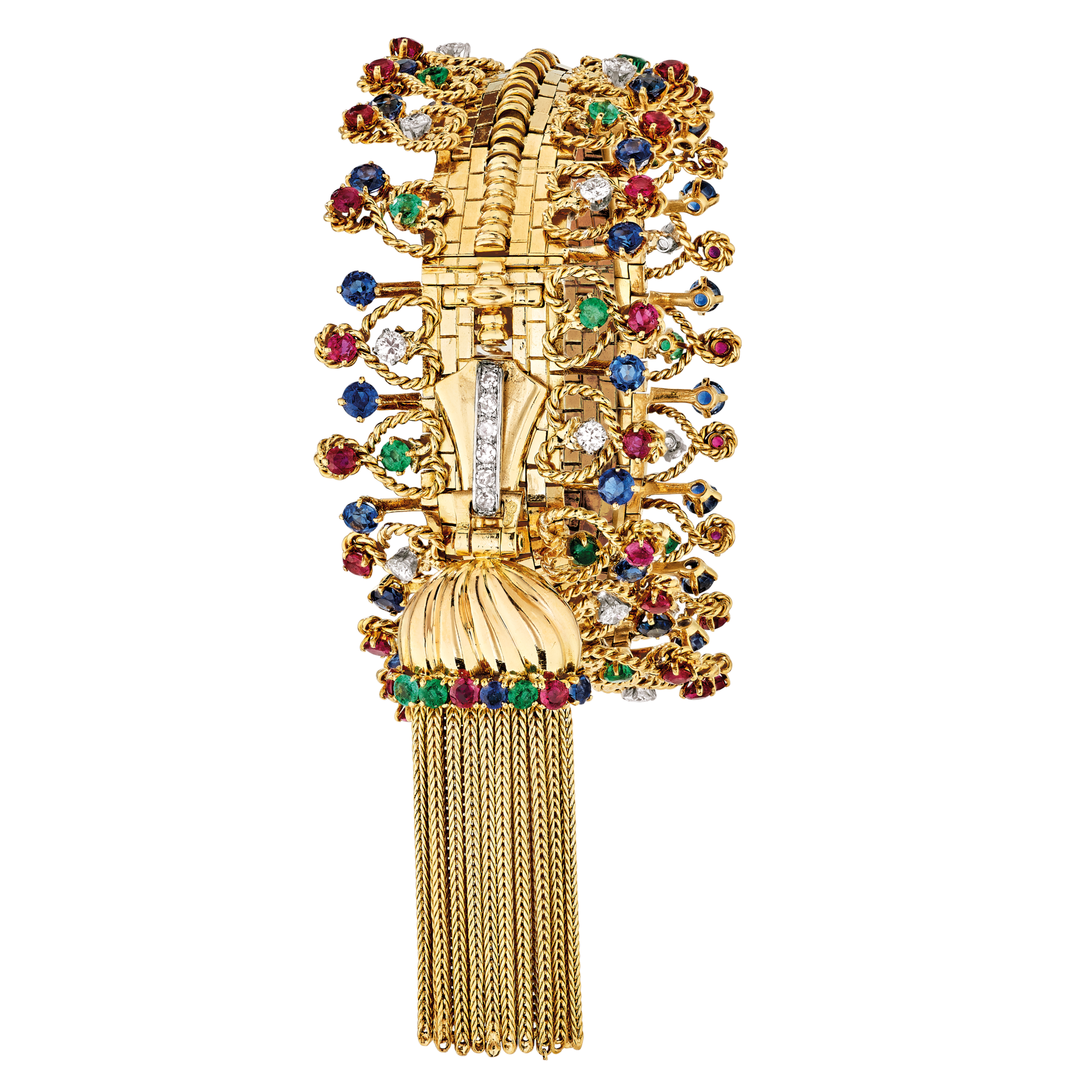 Zip necklace transformable into a bracelet, 1951
Platinum, yellow gold, sapphires, emeralds, rubies, diamonds
Van Cleef & Arpels Collection