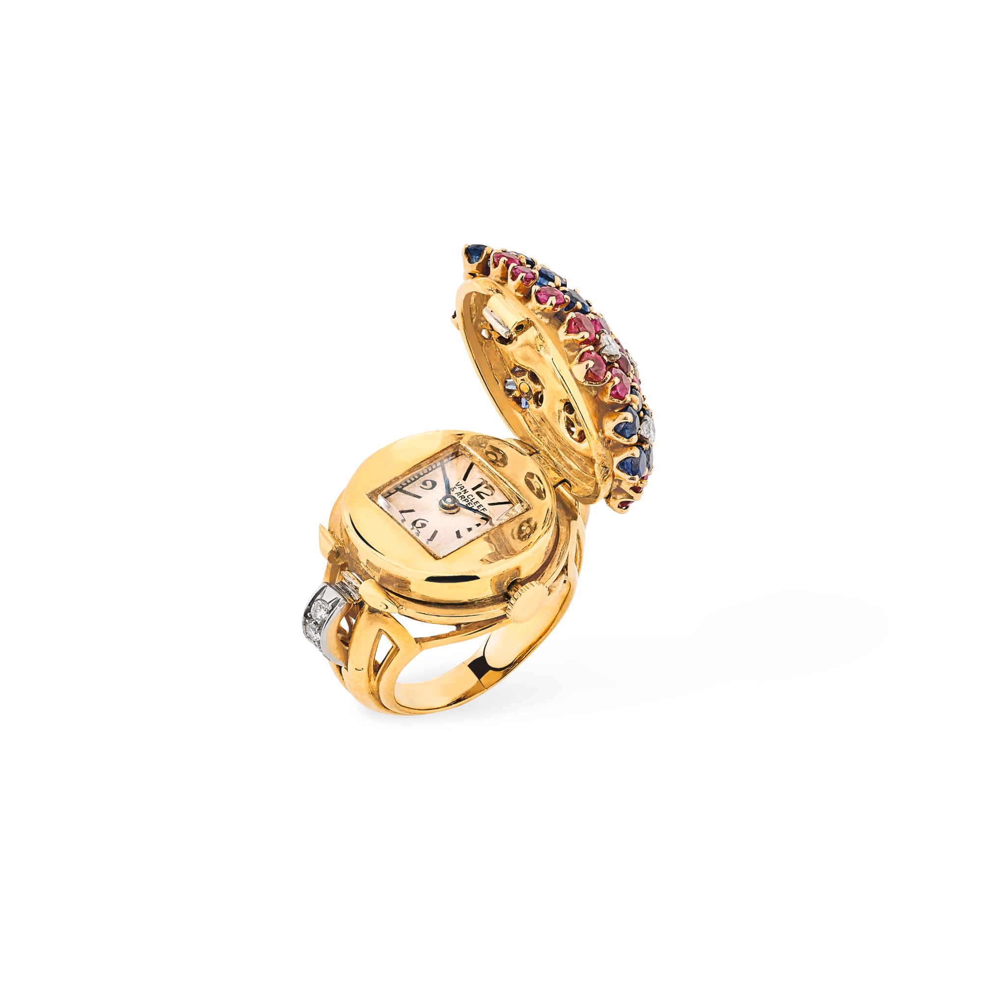 Hawaii ring-watch, 1944
Platinum, yellow gold, rubies, sapphires, enamel, and diamonds
Van Cleef & Arpels Collection