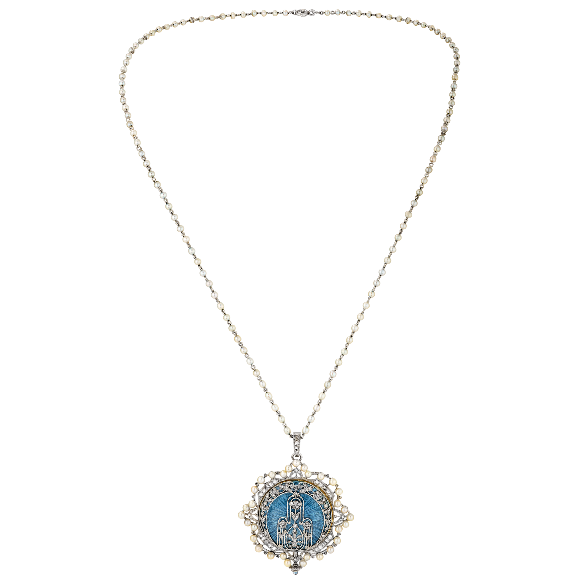 Pendant watch, 1912
Platinum, pearls, enamel, and diamonds 
Van Cleef & Arpels Collection