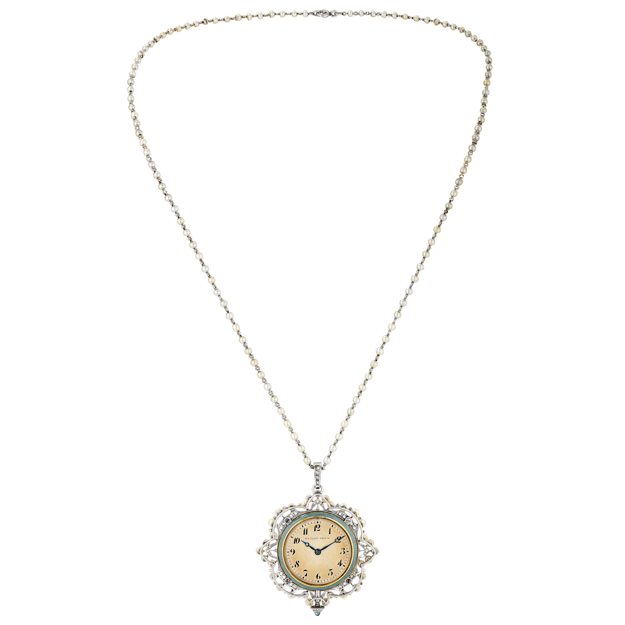 Pendant watch, 1912
Platinum, pearls, enamel, and diamonds 
Van Cleef & Arpels Collection