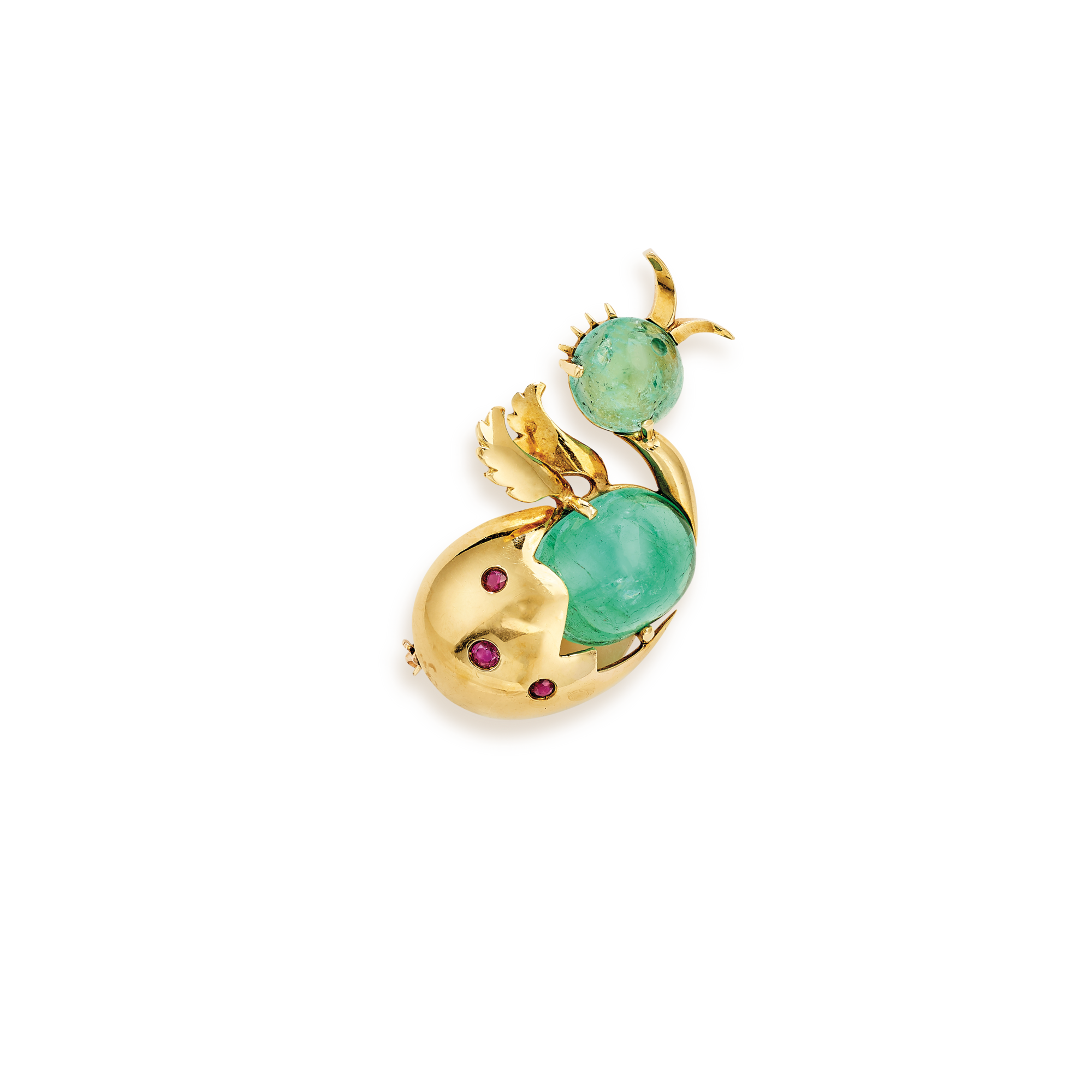 Chick in Its Shell clip, 1949
Yellow gold, emeralds, rubies, and diamond
Van Cleef & Arpels Collection