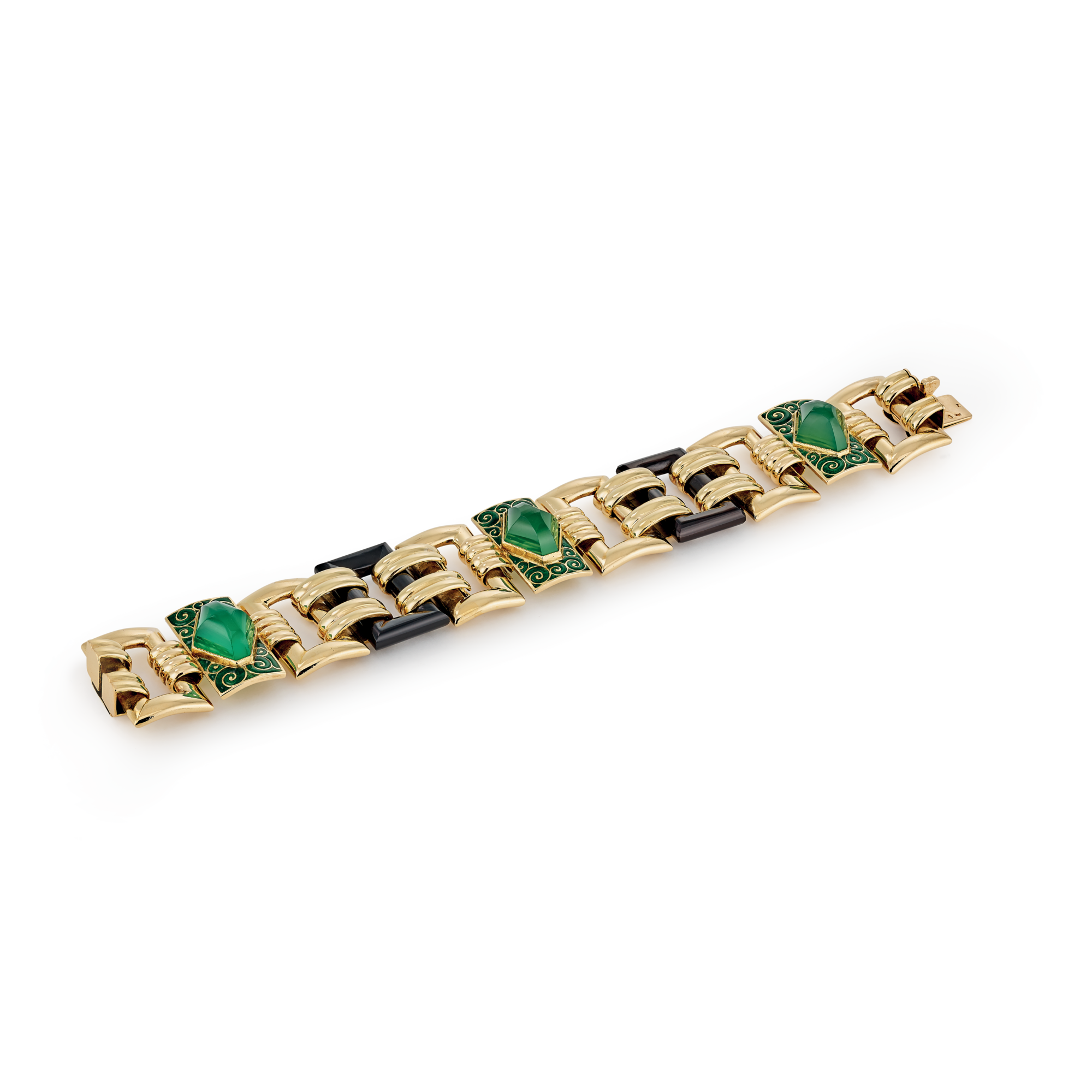 Bracelet, 1926
Yellow gold, chrysoprase, onyx, and enamel
Van Cleef & Arpels Collection