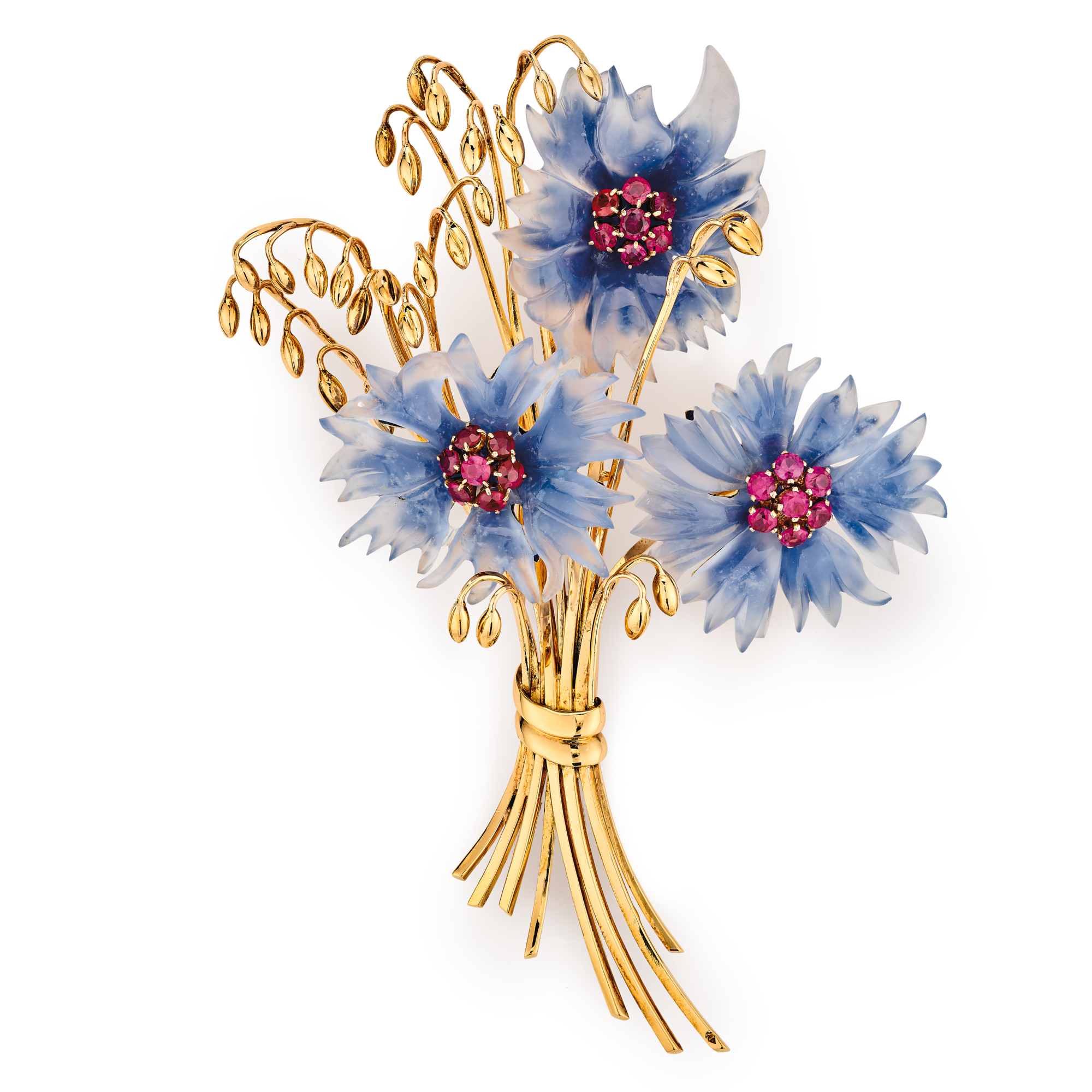 Cornflower Bouquet clip, 1938
Yellow gold, rubies, chalcedony, and enamel
Van Cleef & Arpels Collection