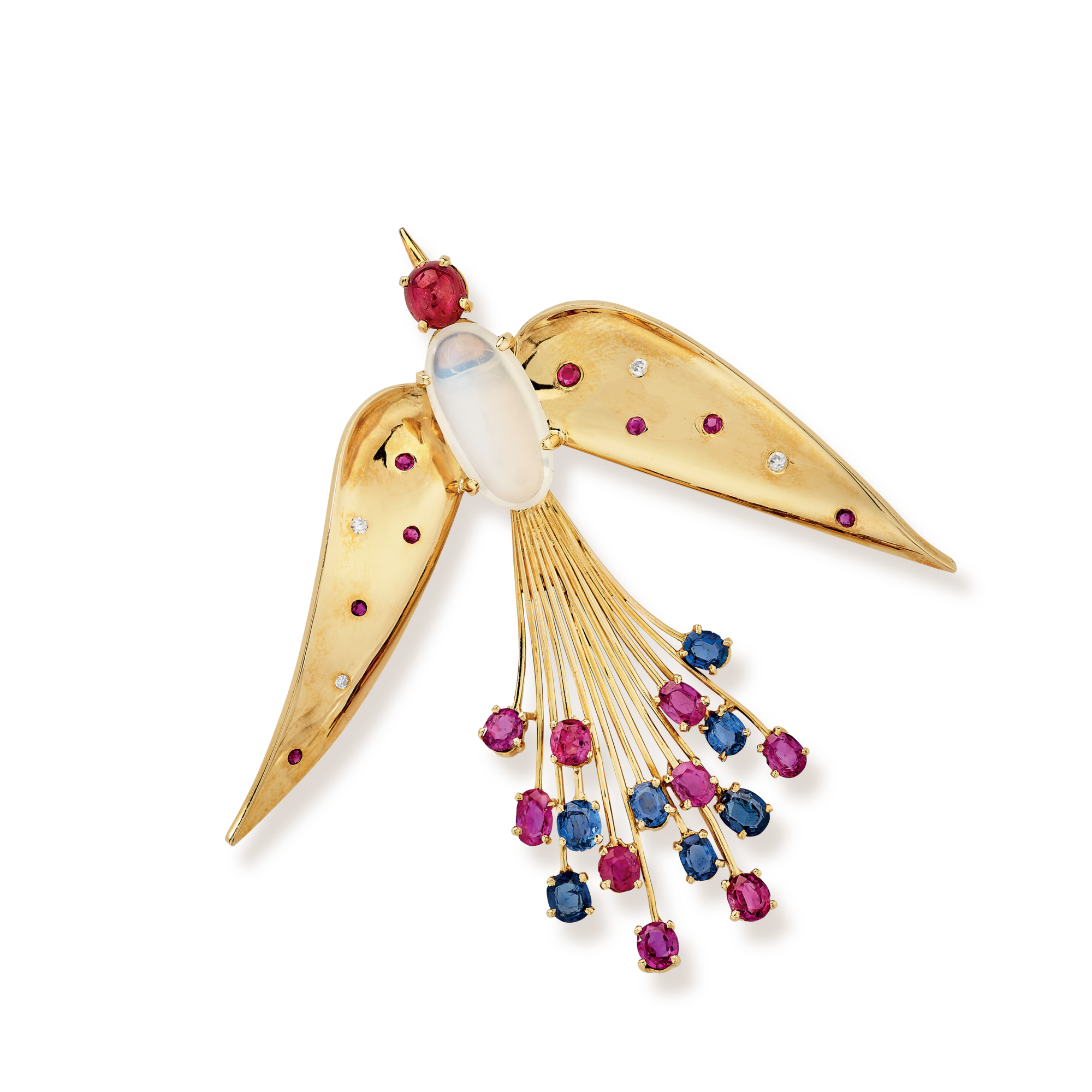 Bird clip, 1941
Yellow gold, white gold, rubies, sapphires, moonstone, and diamonds
Van Cleef & Arpels Collection