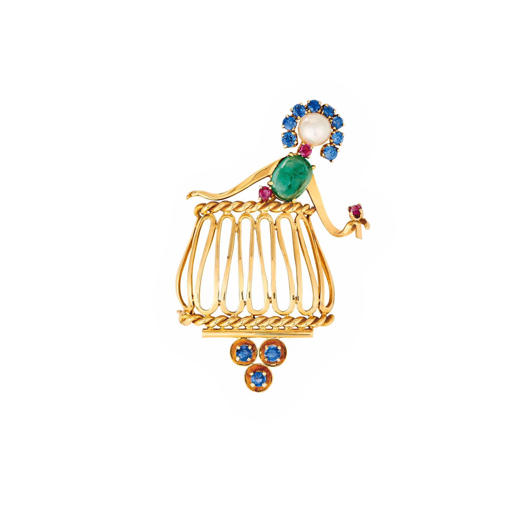 Juliet clip, 1951
Yellow gold, pearl, rubies, emerald, sapphire
Van Cleef & Arpels Collection