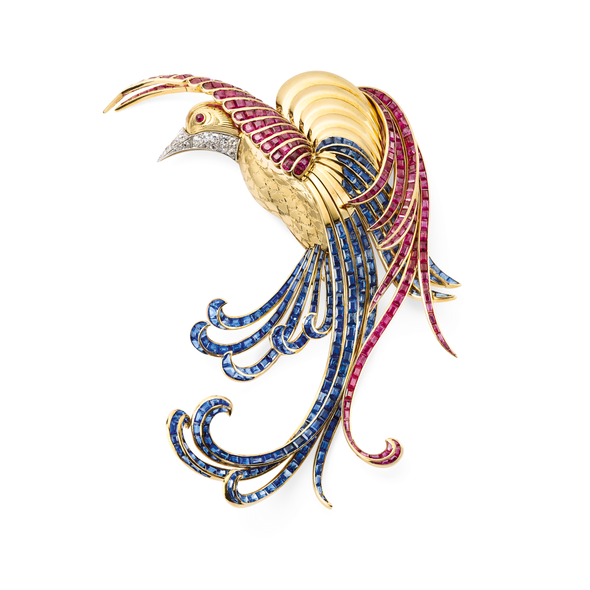 Bird clip, 1942
Platinum, yellow gold, rose gold, rubies, sapphires, and diamonds
Van Cleef & Arpels Collection